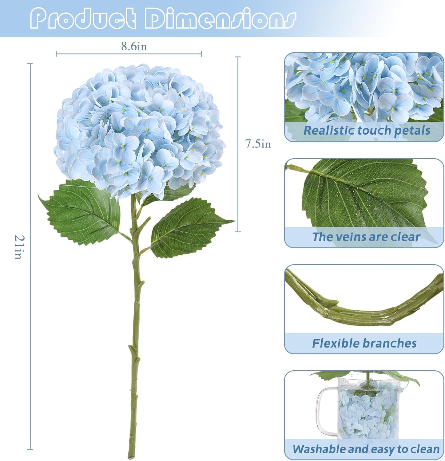 21″ Real Touch Light Blue Hydrangea Flowers – 5Pcs Faux Floral Decor