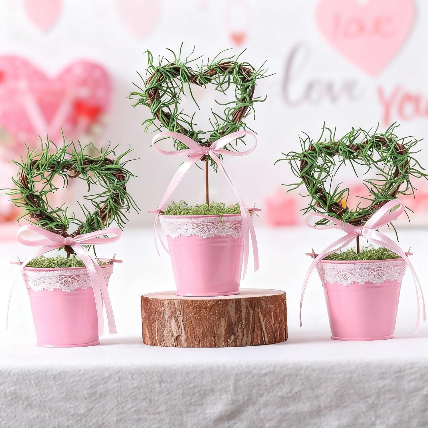 3 Pcs Valentine’s Day Heart Topiary Trees in Pots for Tabletop Decor
