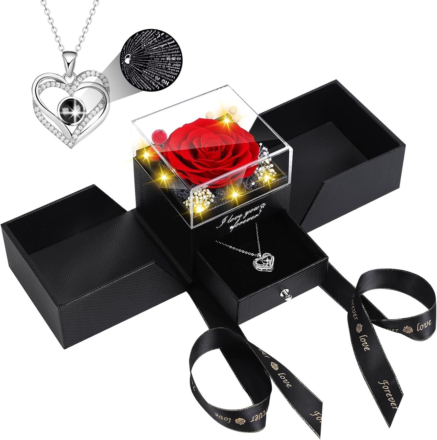 Romantic Preserved Rose with I Love You in 100 Languages Pendant Necklace