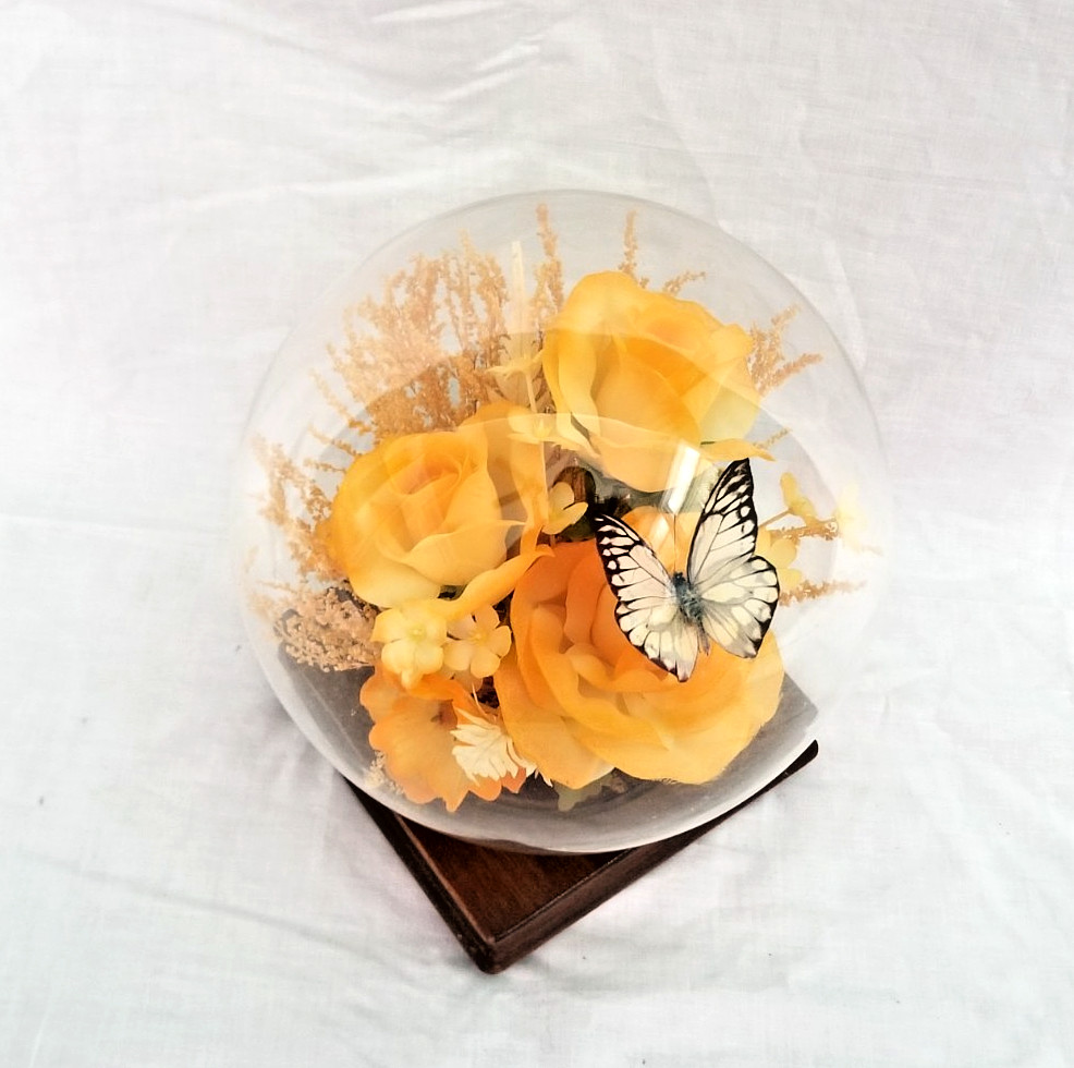 Butterfly & Yellow Rose Faux Flowers In Glass Dome Curio Display Globe 9″