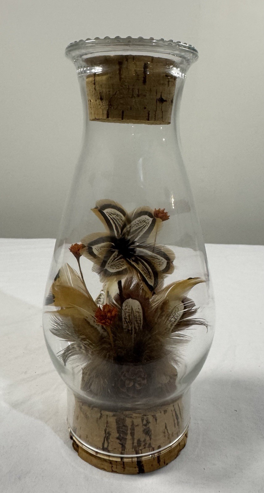 Vintage Dried Flowers Pheasant Feathers Vase Display Cork Cottagecore Decor
