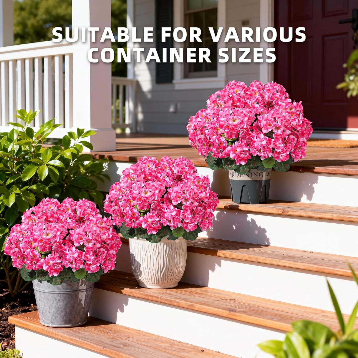 Geraniums Artificial Flowers for Outdoors, 2 Pack Potted Plants Pink Faux Gerani