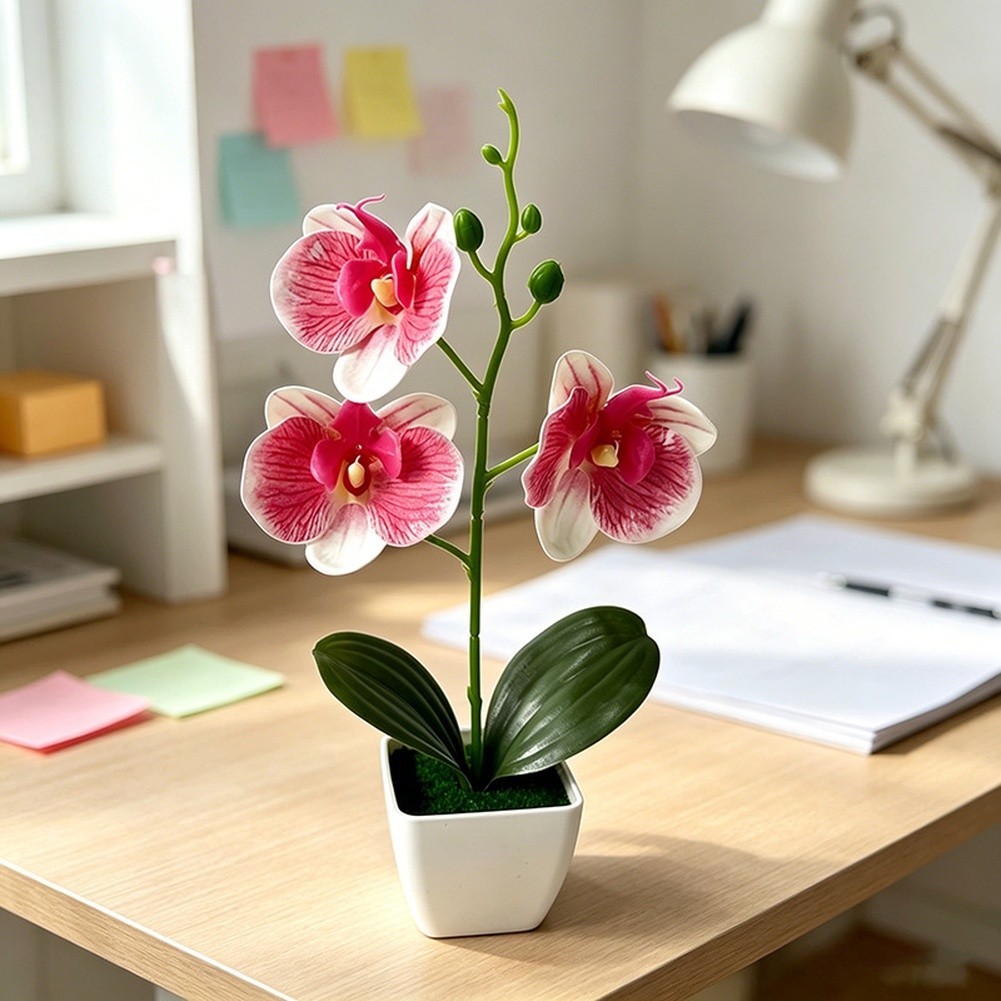 Artificial Phalaenopsis Orchid in White Square Pot for Home Office Decor