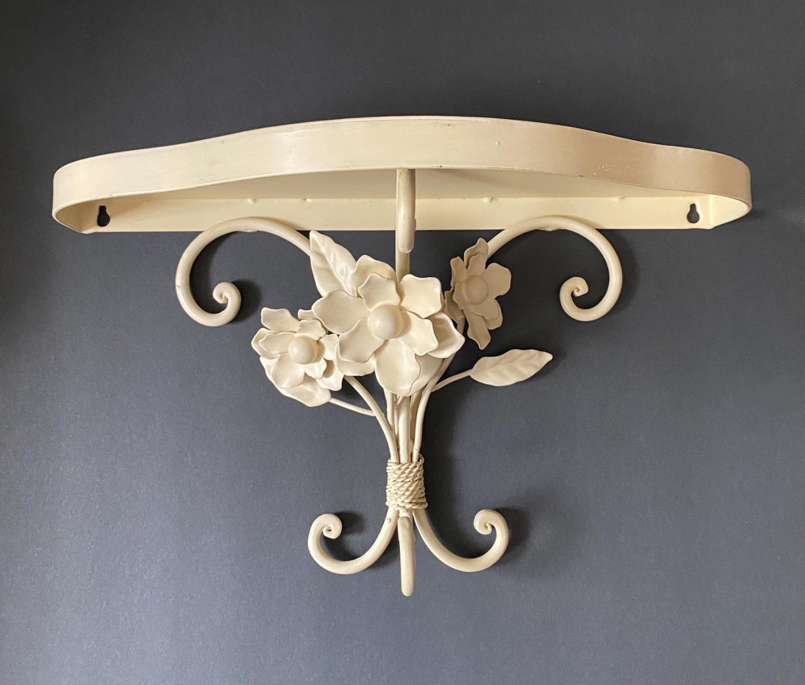 Vintage Ivory Cream off White Metal Floral Flowers Leaves Wall Shelf Beautiful!