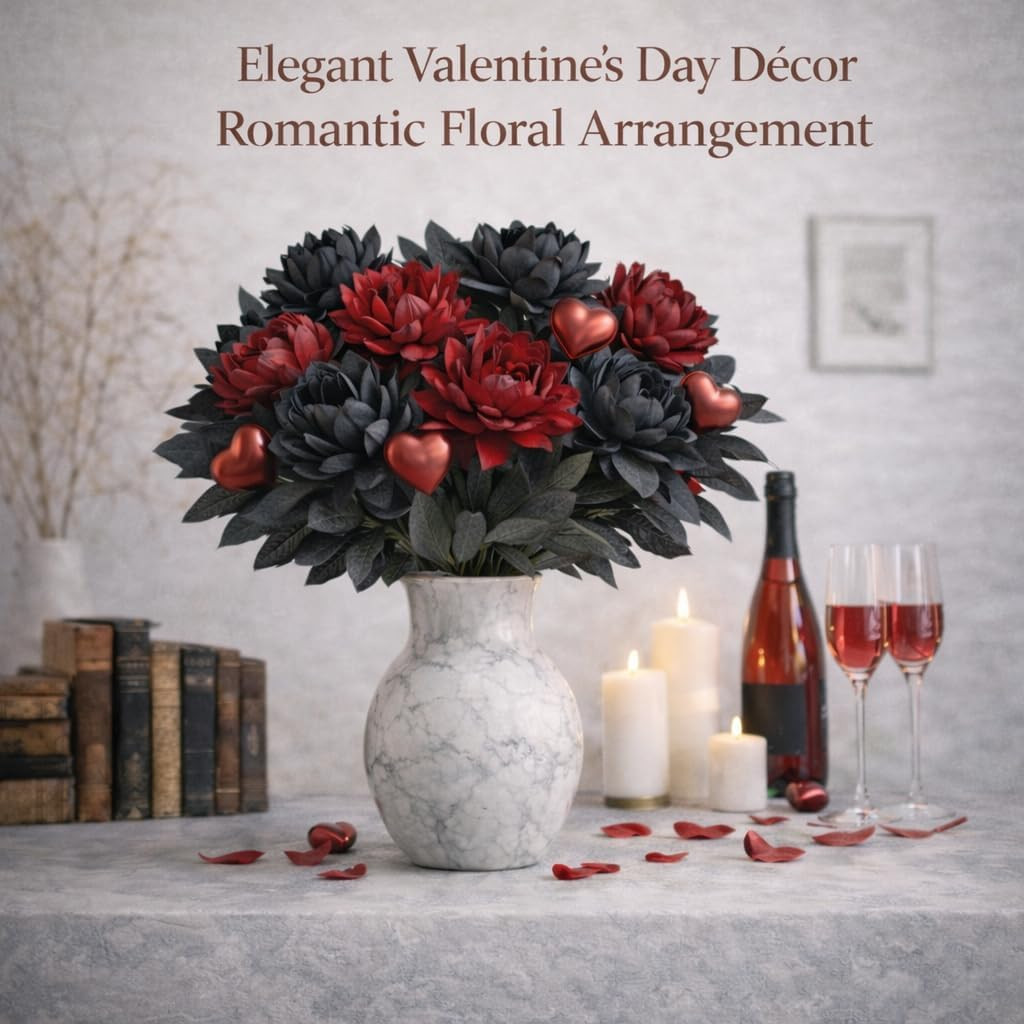 Black Burgundy Artificial Flowers Dahlia Bouquet – Lifelike Faux Gothic Floral A