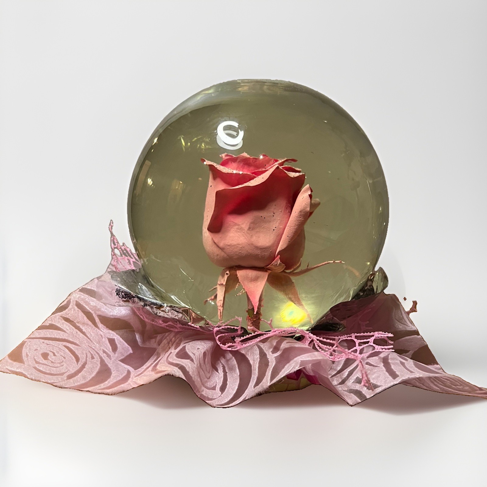 Forever ROSE/PINK In Glass Ball Water Dome Globe Large Real Rose 6”
