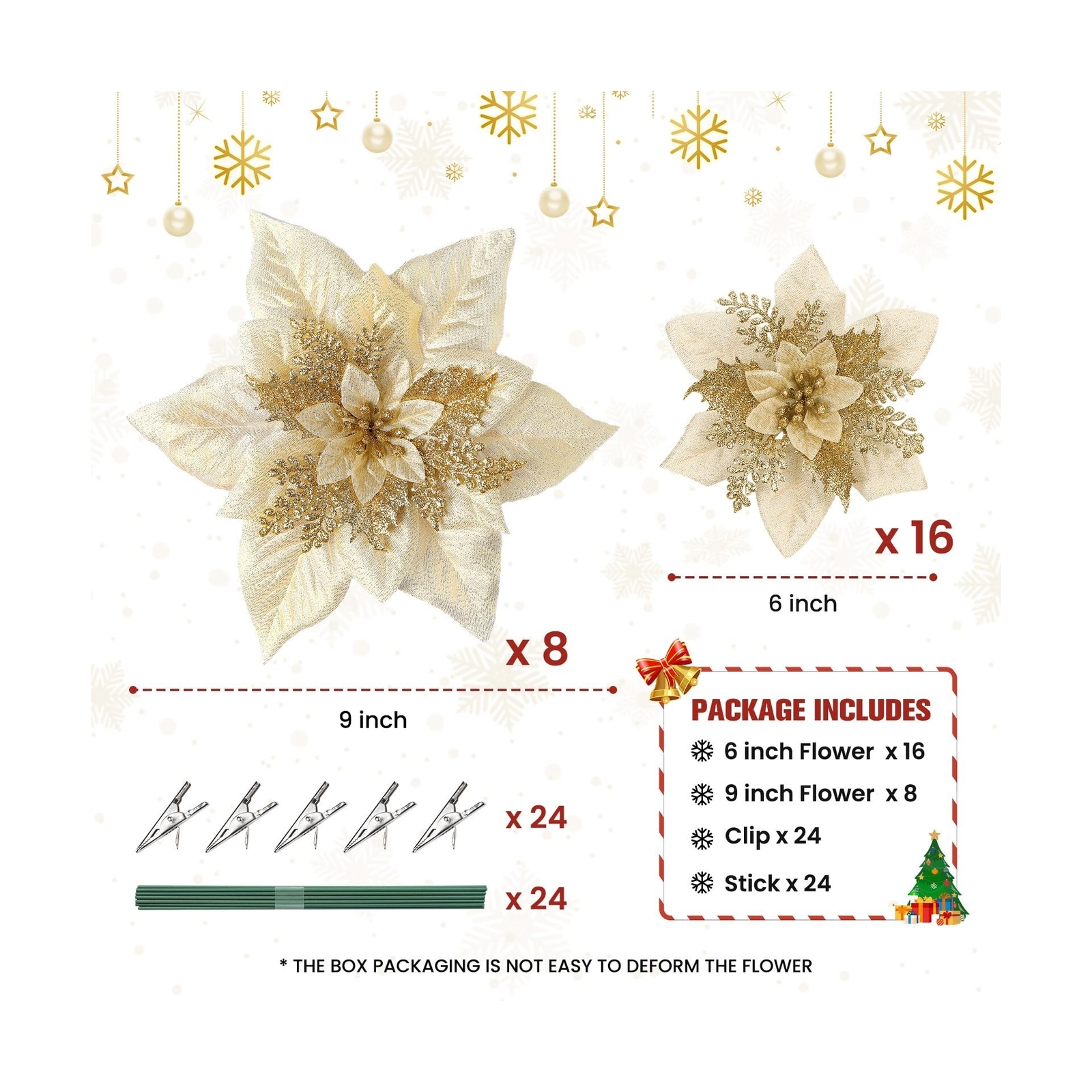 Alupssuc 24 Pcs 6″&9″ Large Size Poinsettia Artificial Christmas Flowers Deco…