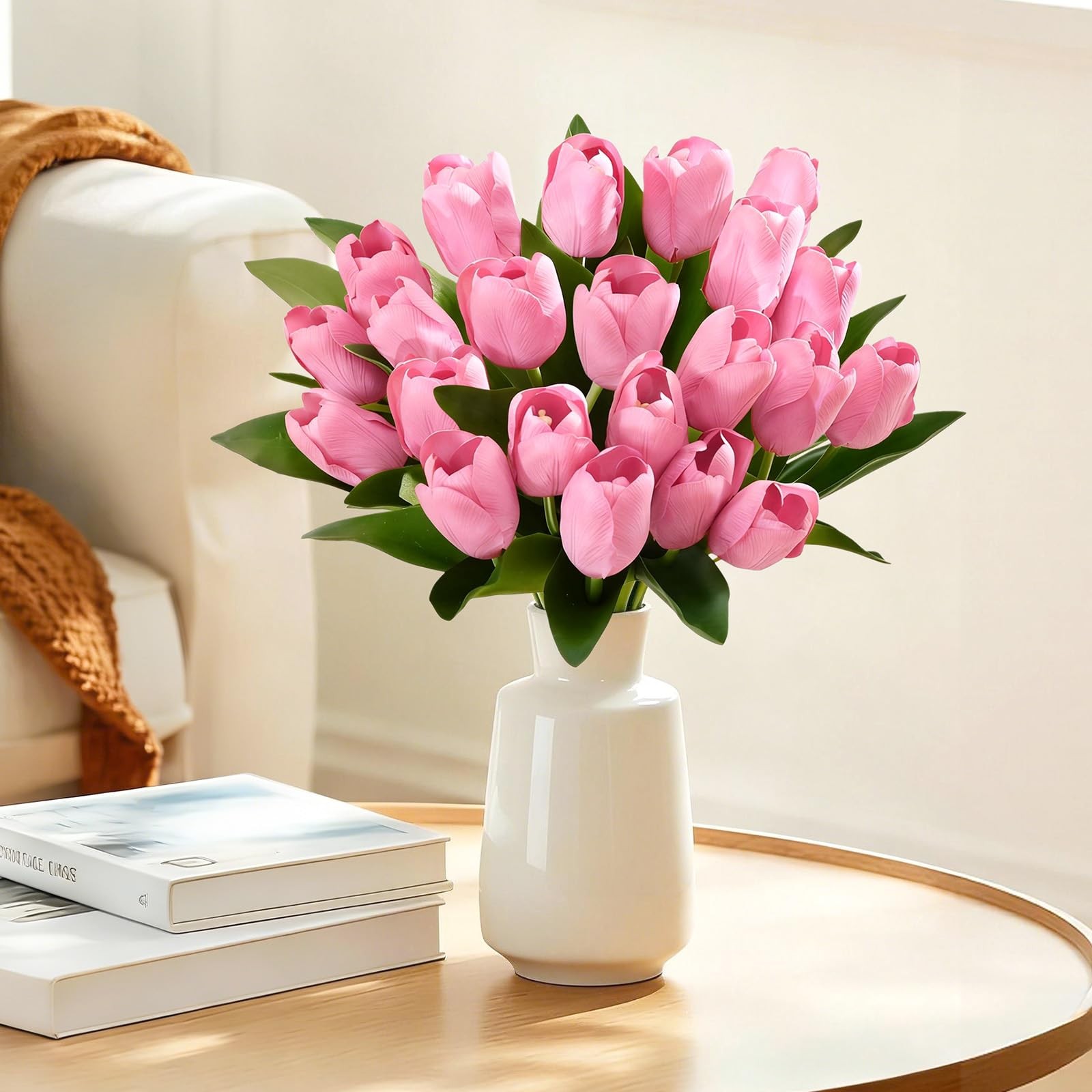 12 PCS Pink Tulips Artificial Flowers Real Touch Faux Bouquet Floral 14 Inch