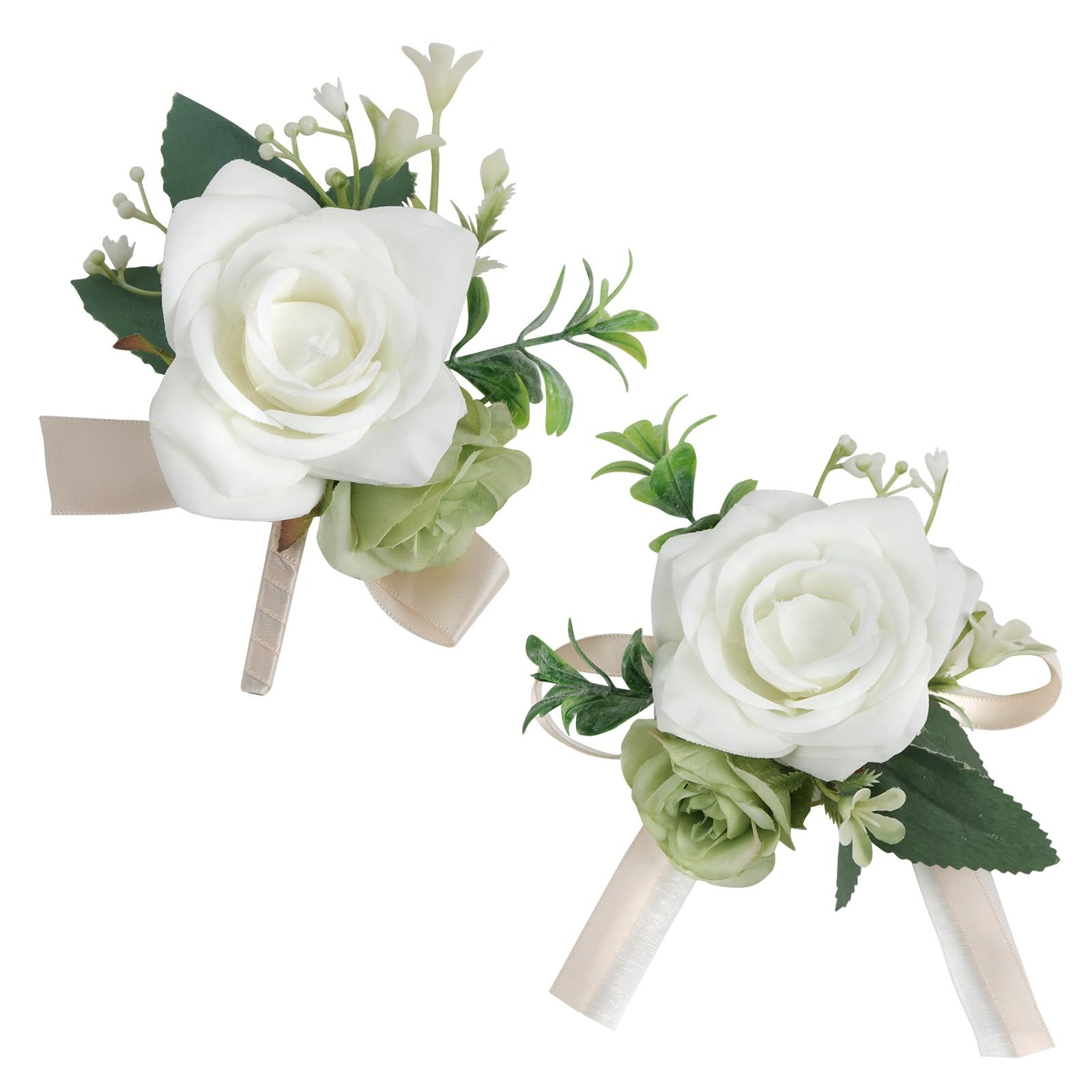 2 PCS Wrist Corsage Boutonniere Set Artificial Flower White Light Green