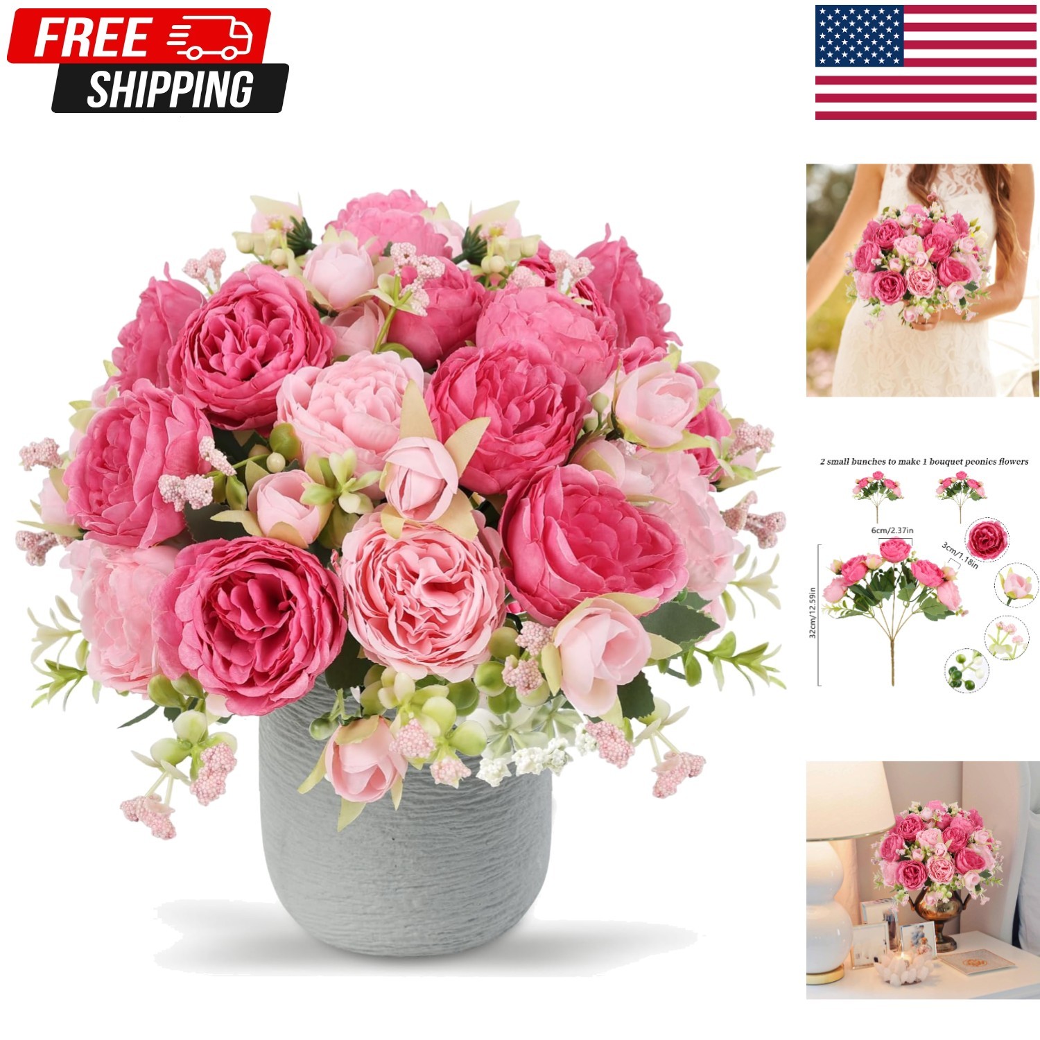Artificial Flowers 2 Bundles Pink Artificial Peonies Fake Peony Bulk Silk Flo…