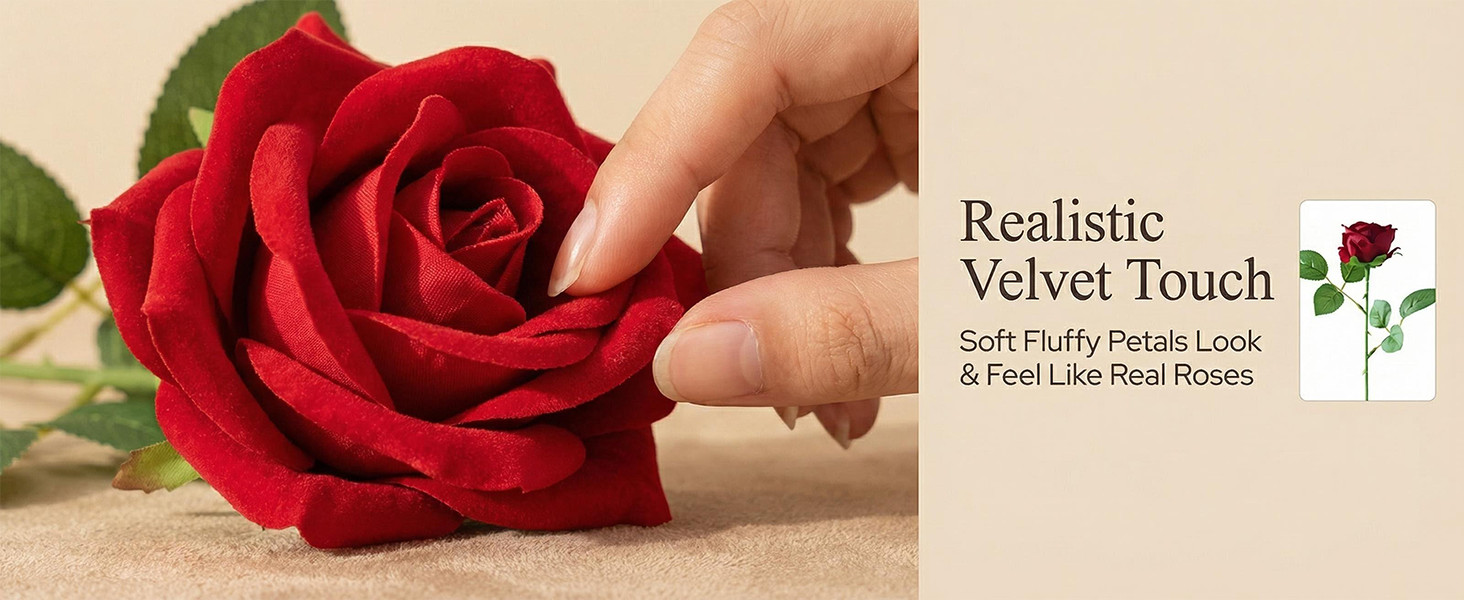 12 Pcs Red Roses Artificial Flowers, Real Touch Fake Velvet Flowers with Stems