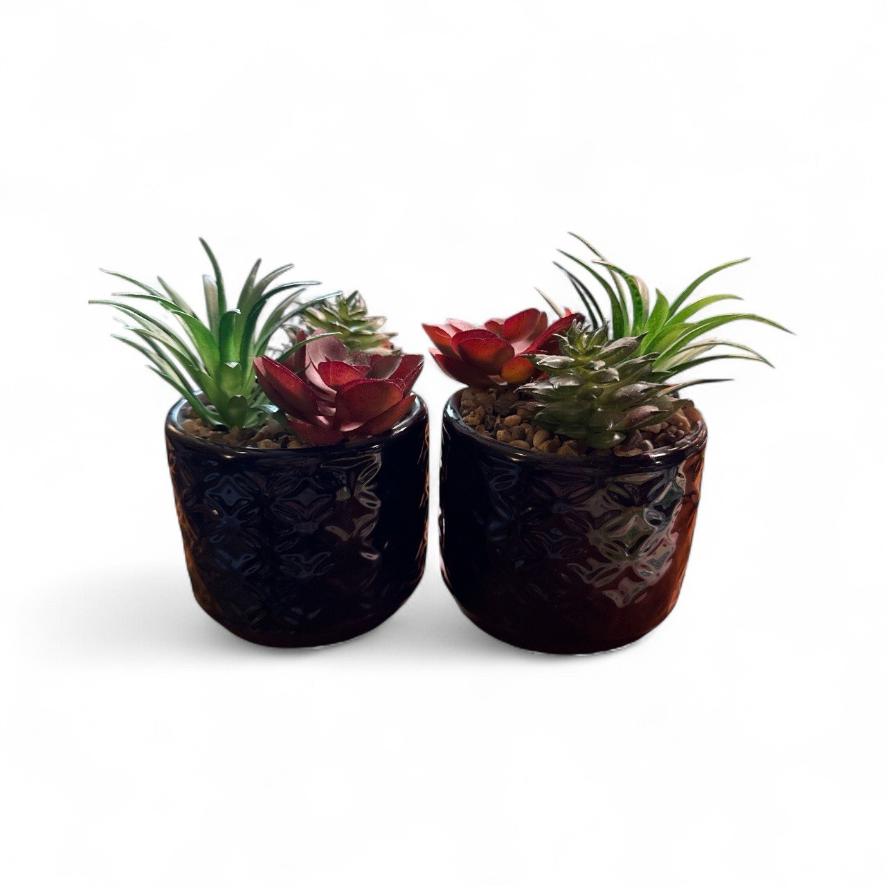 Artificial Succulent Flowers in Ceramic Black Pots Small Fake Plants Set of 2