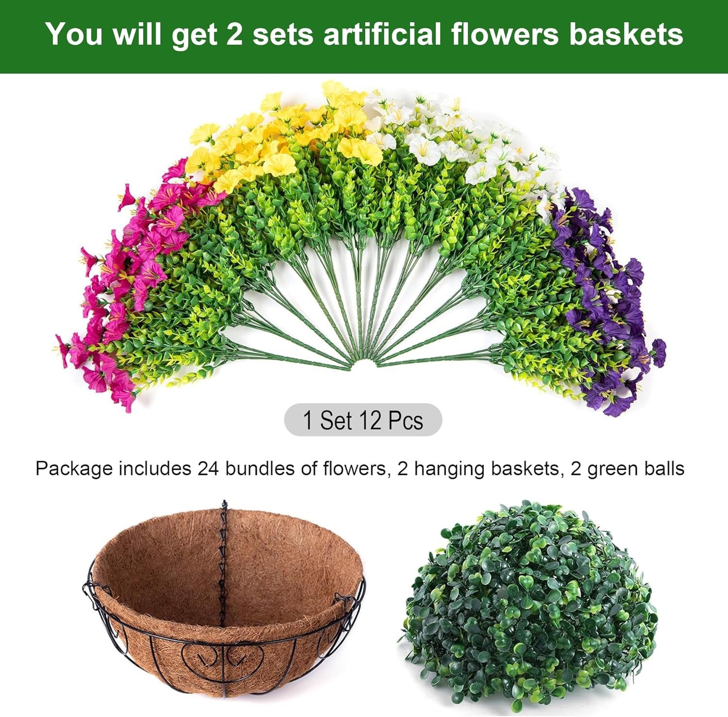 2 Set Artificial Fake Hanging Flowers Plants Baskets for Outdoors Spring outside