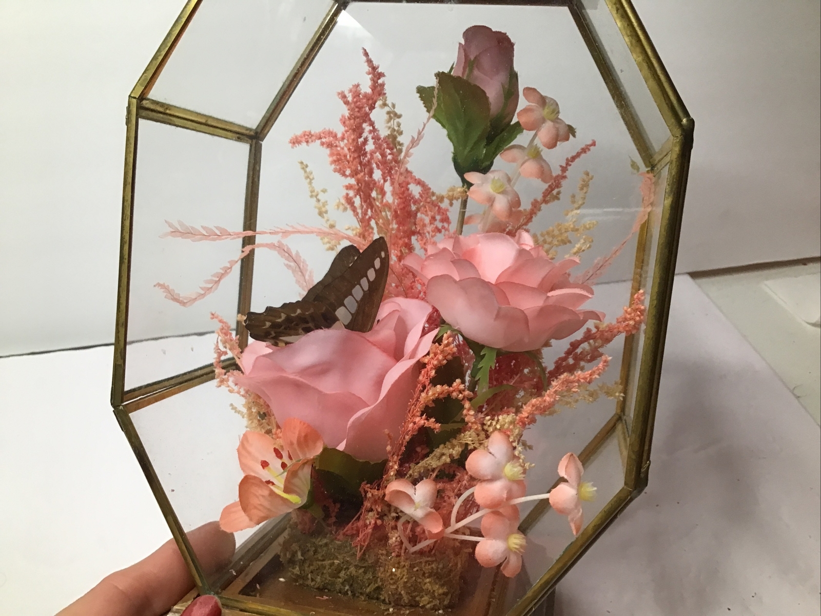 Display Case w Tea Lite Holder Pink Silk Flowers Wood and Brass Vintage