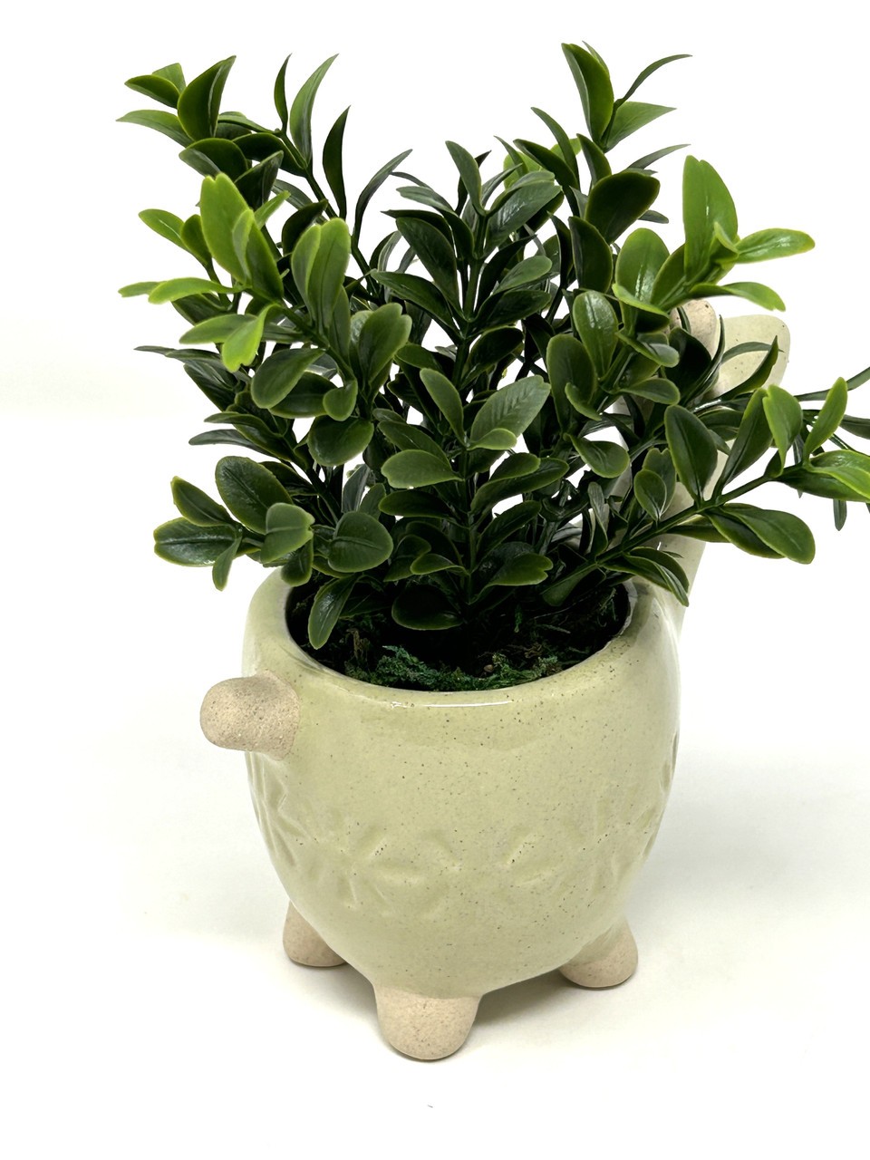 Mini 6″ Artificial Sage Boxwood plastic plant potted in Ceramic DEER Giraffe Pot