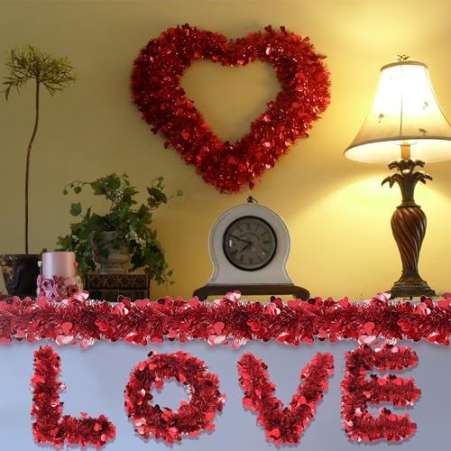5Pcs 33Ft Valentine’s Day Tinsel Garland, Red Heart Metallic Tinsel Twist