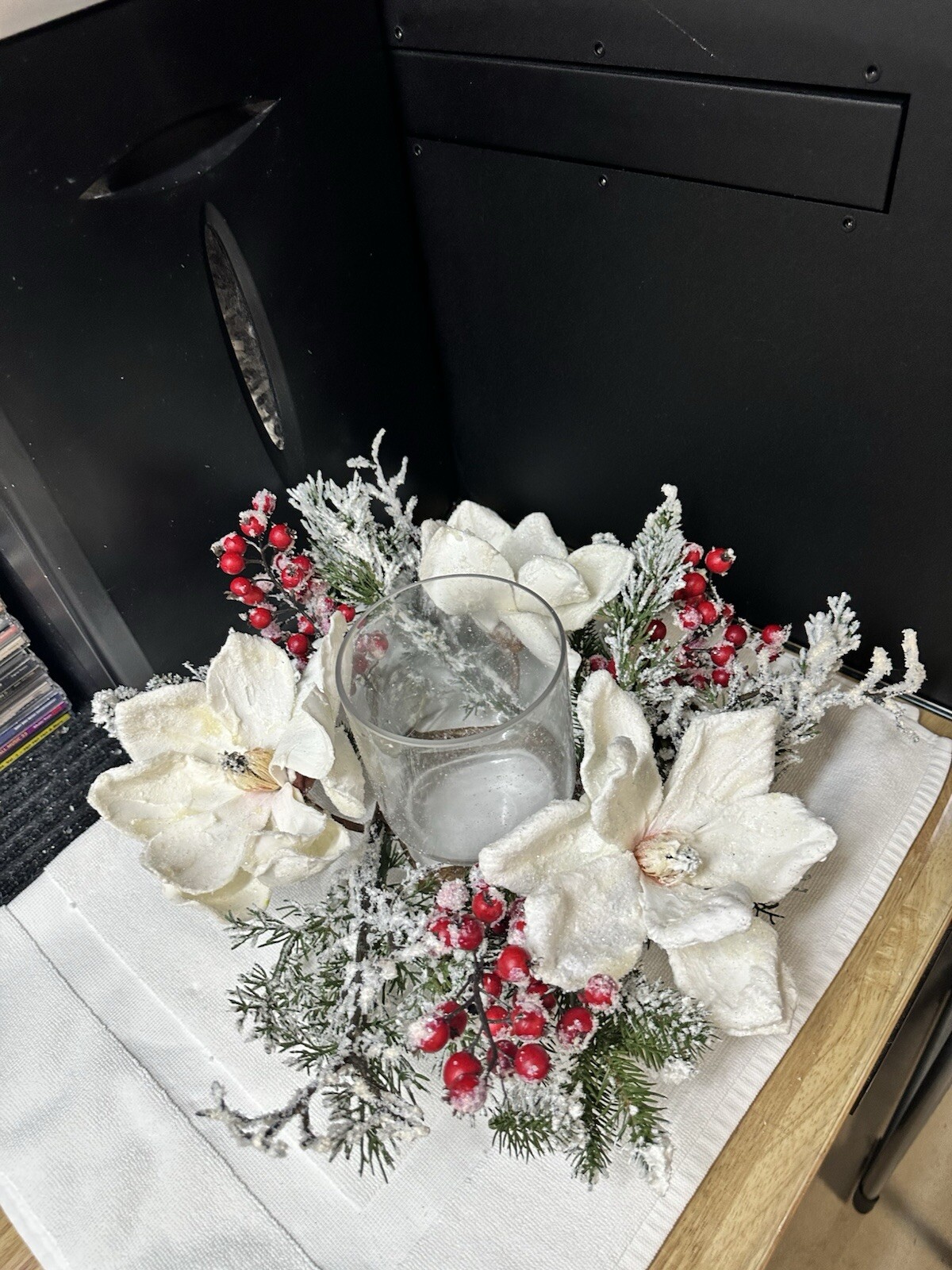 Frosted Magnolia & Red Berry Artificial Arrangement Candelabrum