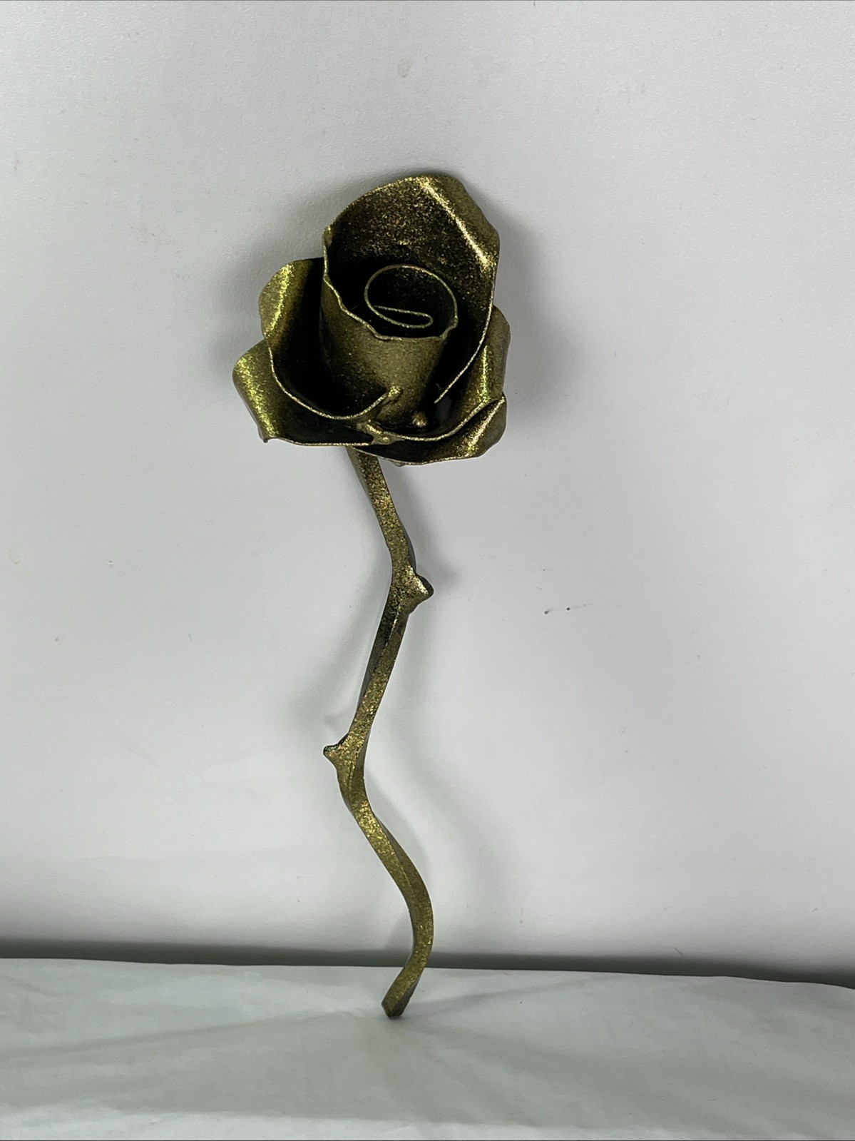 Hand Forged Rustic Metal Rose w/ Thorns Sculpture Gold Sparkles