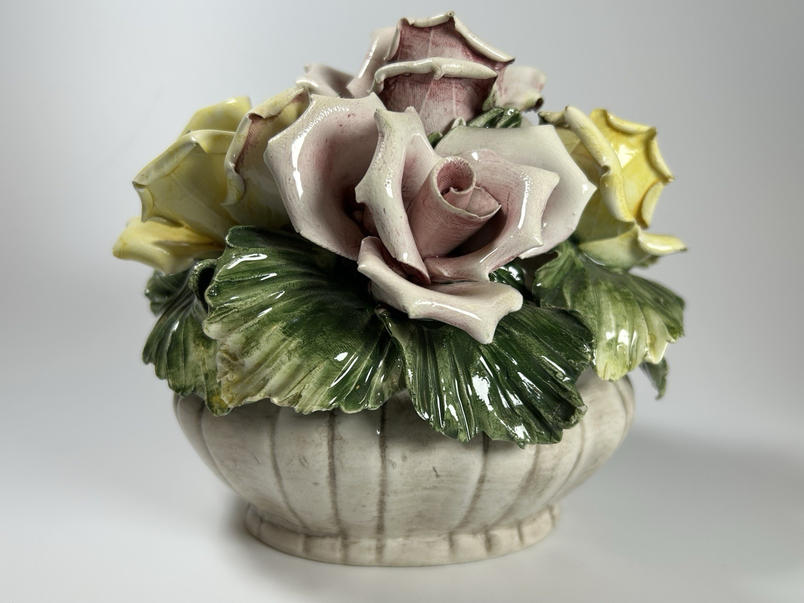 Porcelain Flower Centerpiece Capodimonte Italy Pink Yellow Roses 6.5” Long
