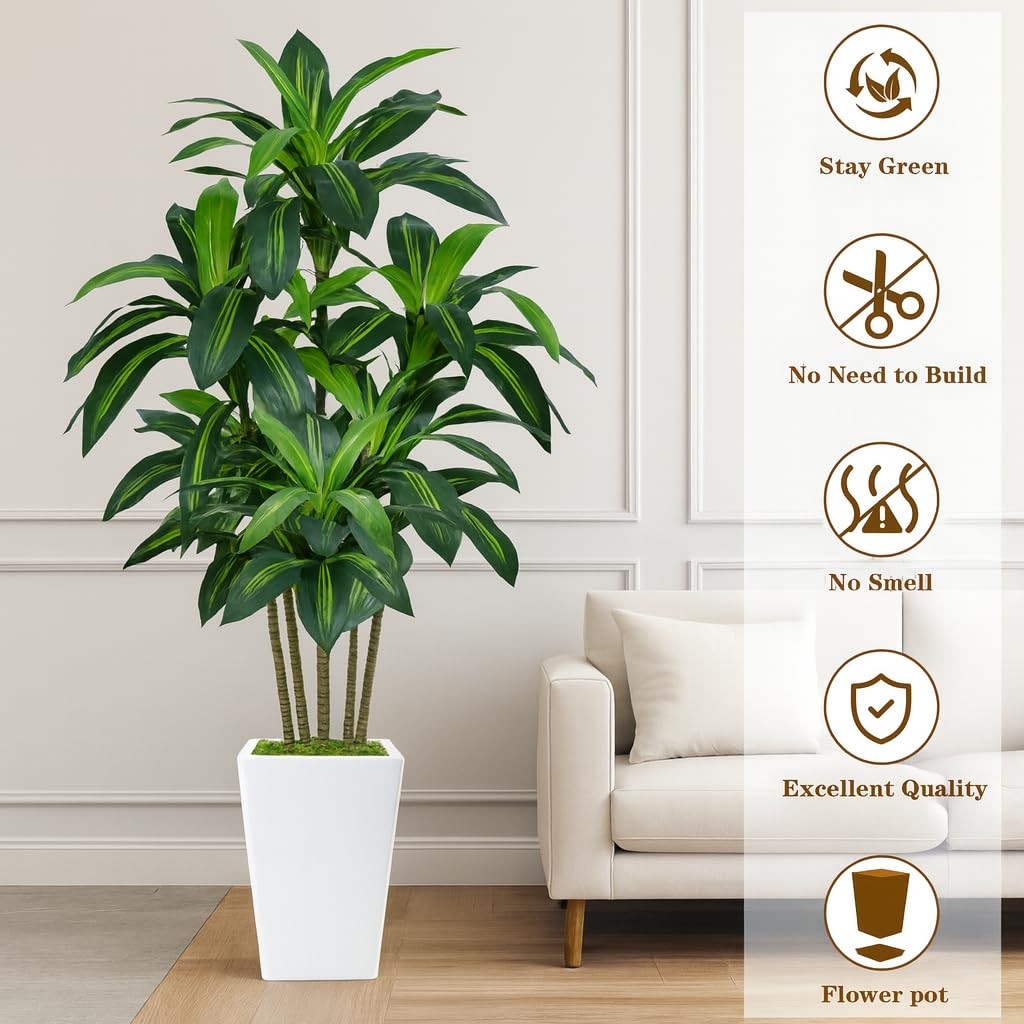 7FT Artificial Dracaena Tree, Fake Tree Indoor with White Tall Planter, Tall …
