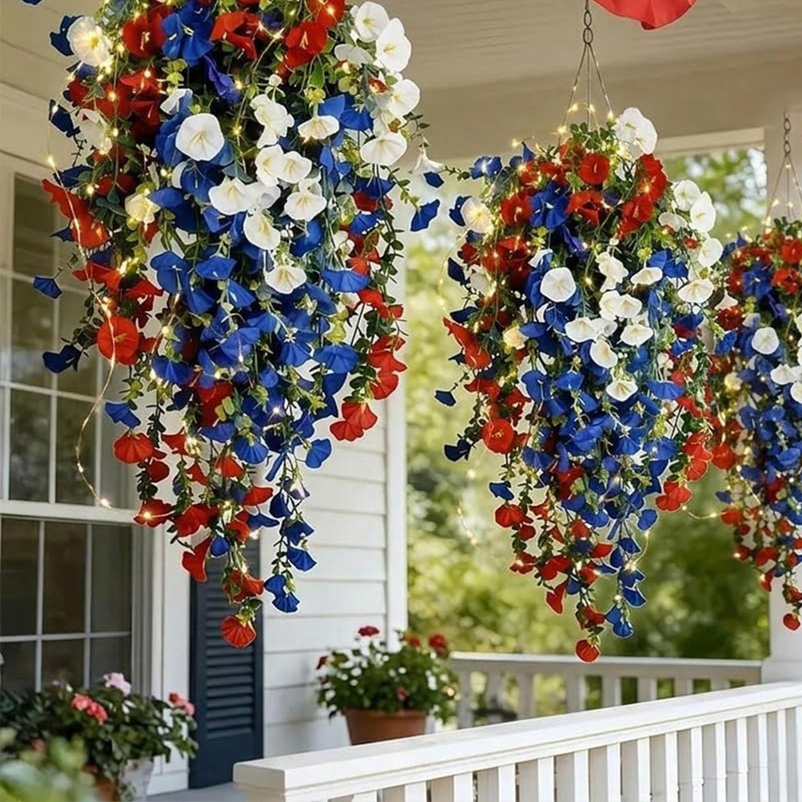 2026 Red White Blue Hanging Flowers Patriotic Faux Basket 4th July Porch Decor