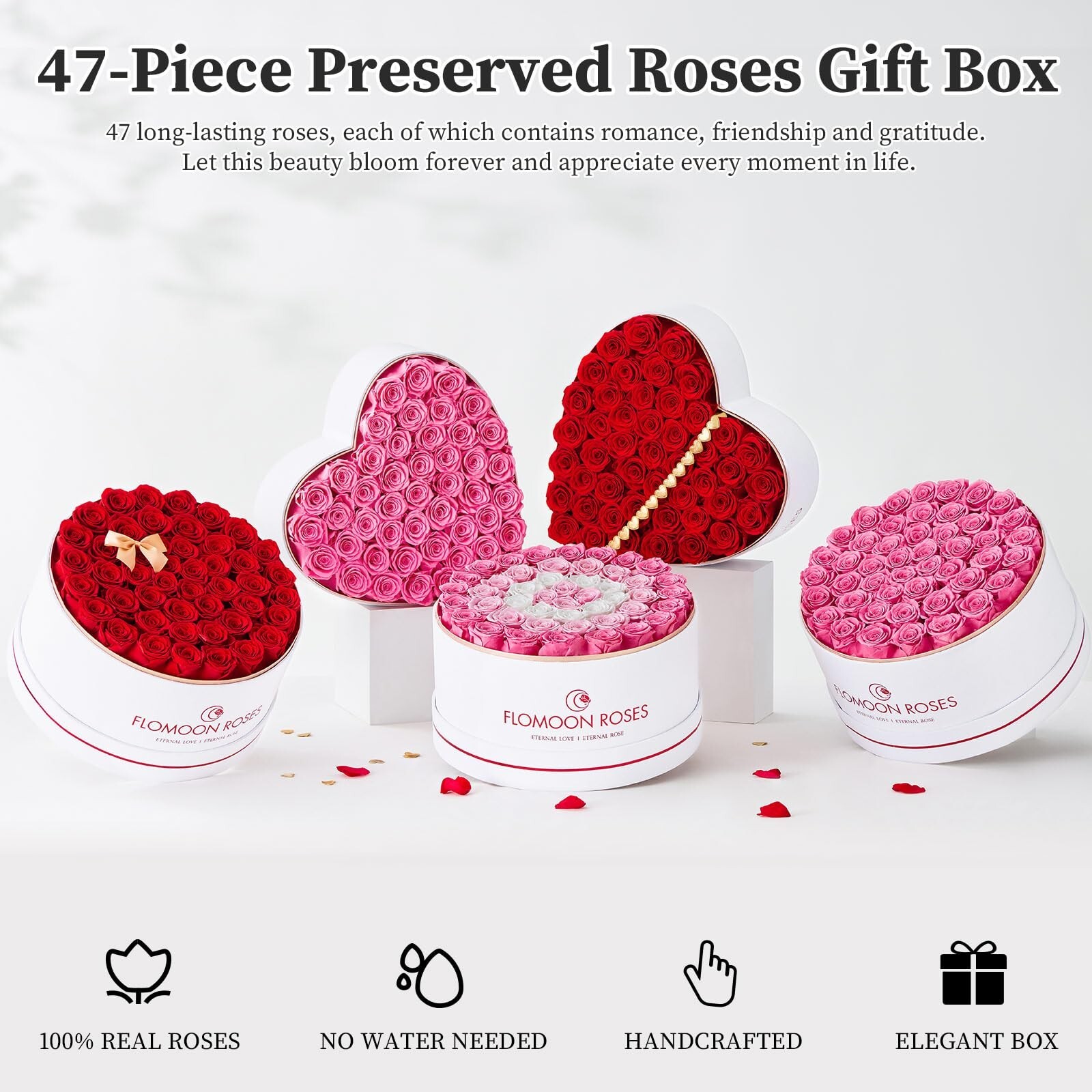 47-Piece Flowers Forever in Heart Shape Box, Preserved Roses Flowers Gifts fo…