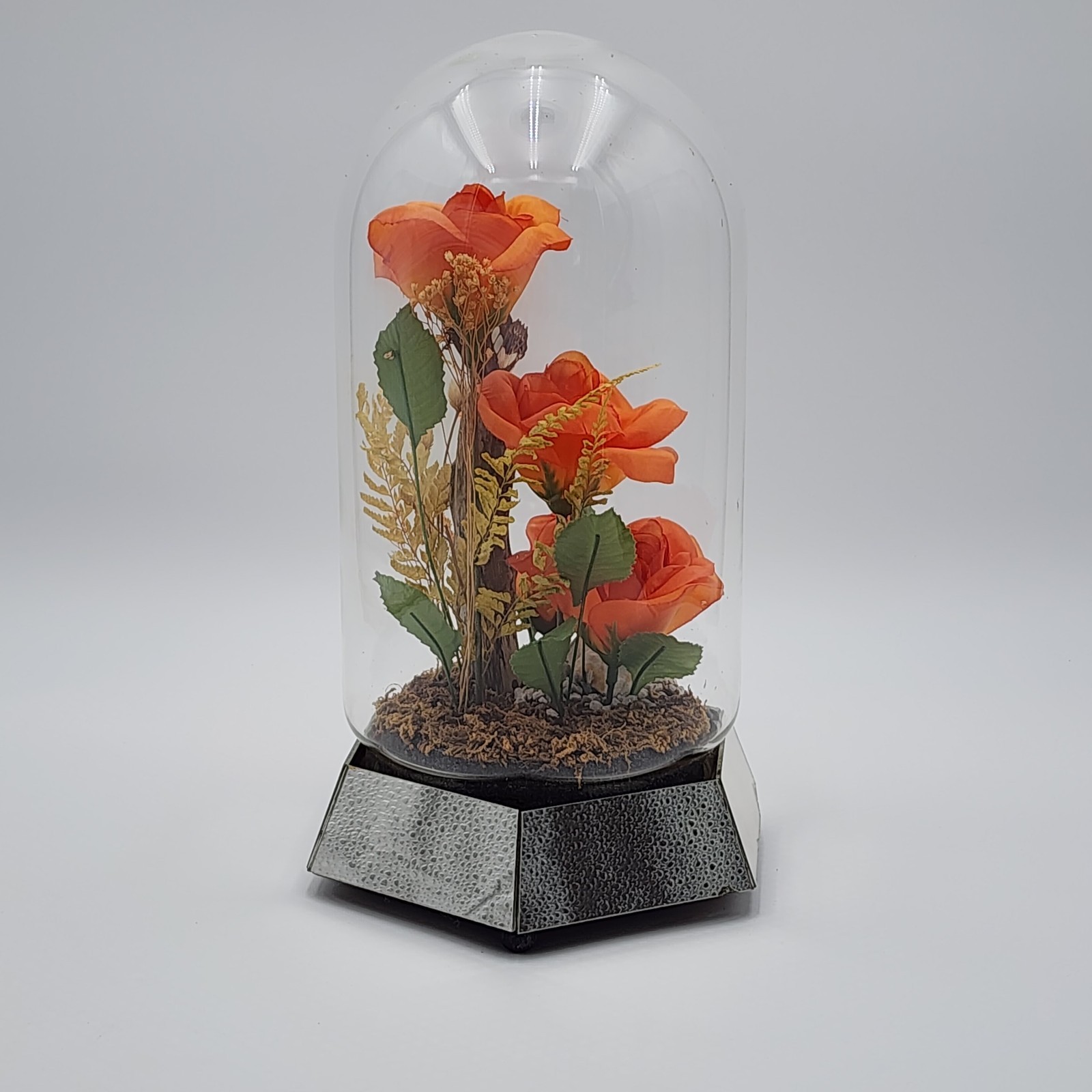 Vintage Glass Dome Floral Cloche with Butterfly Dried & Orange Faux Flowers