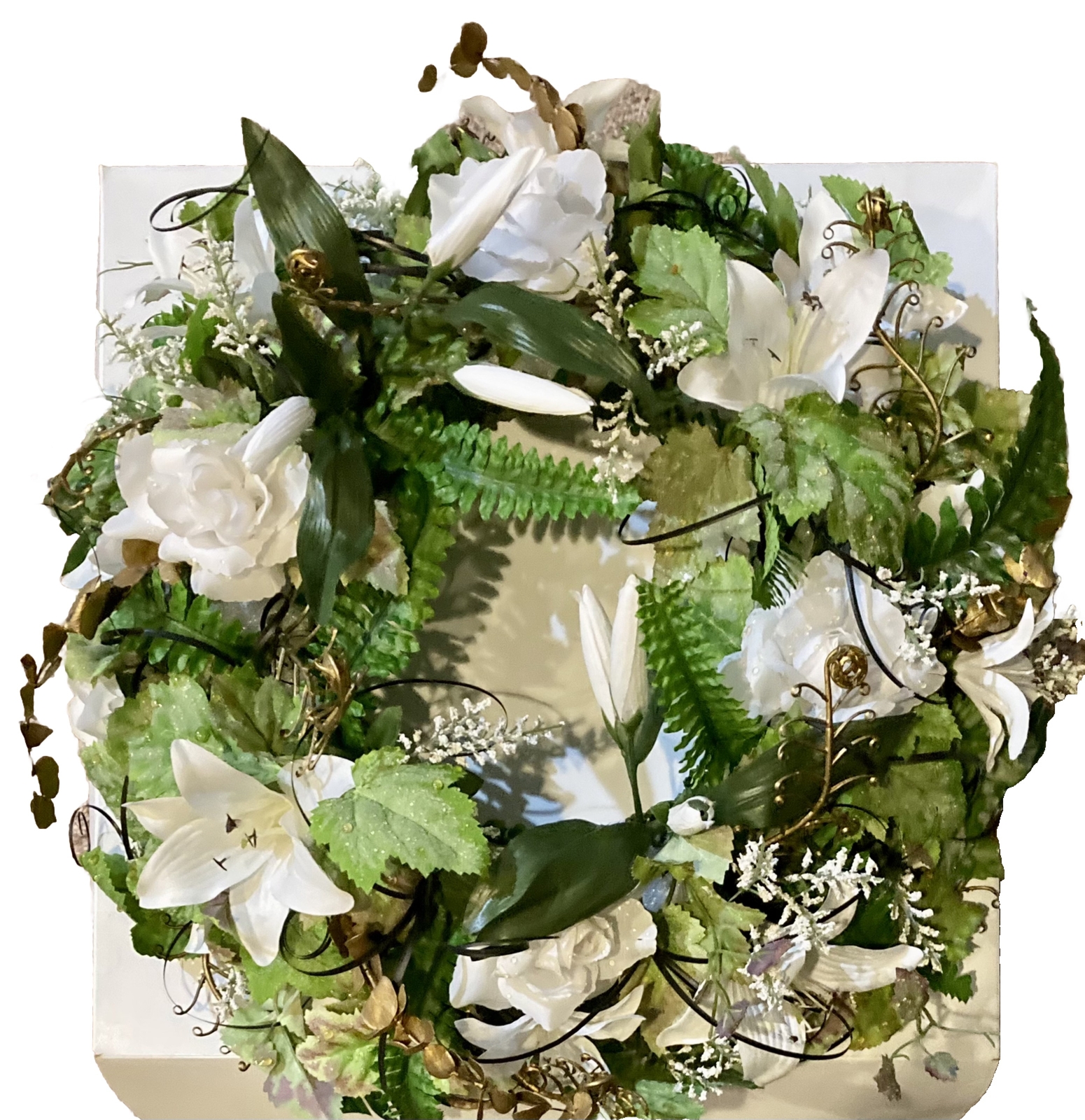 Nearly Natural Floral Wreath 18×18 Mix Of Lillie’s, Ferns , Add Your Own – New