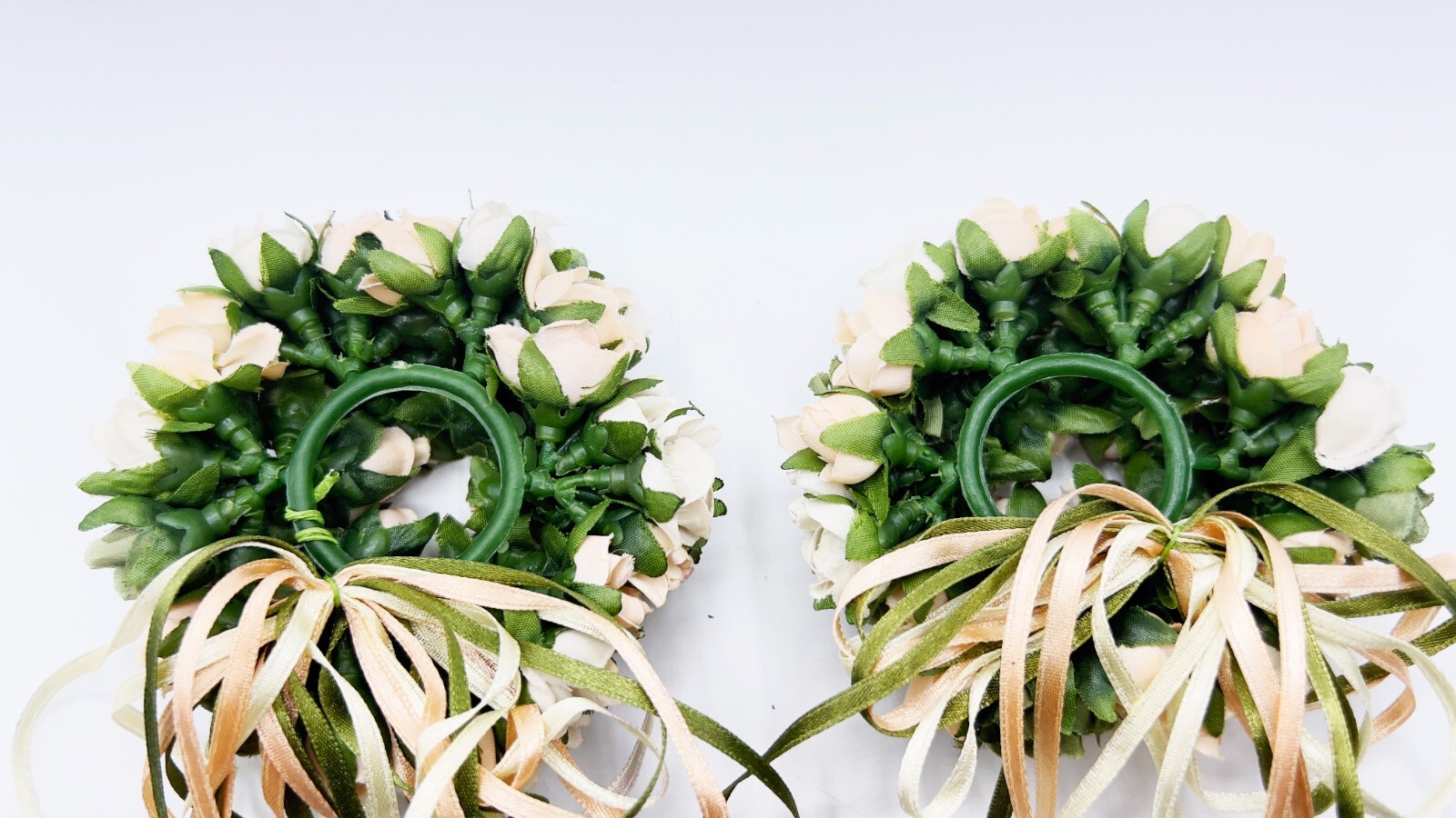 Pink & White Silk Rose/Peony w/Greenery & Streaming Ribbon Centerpiece Ring Pair