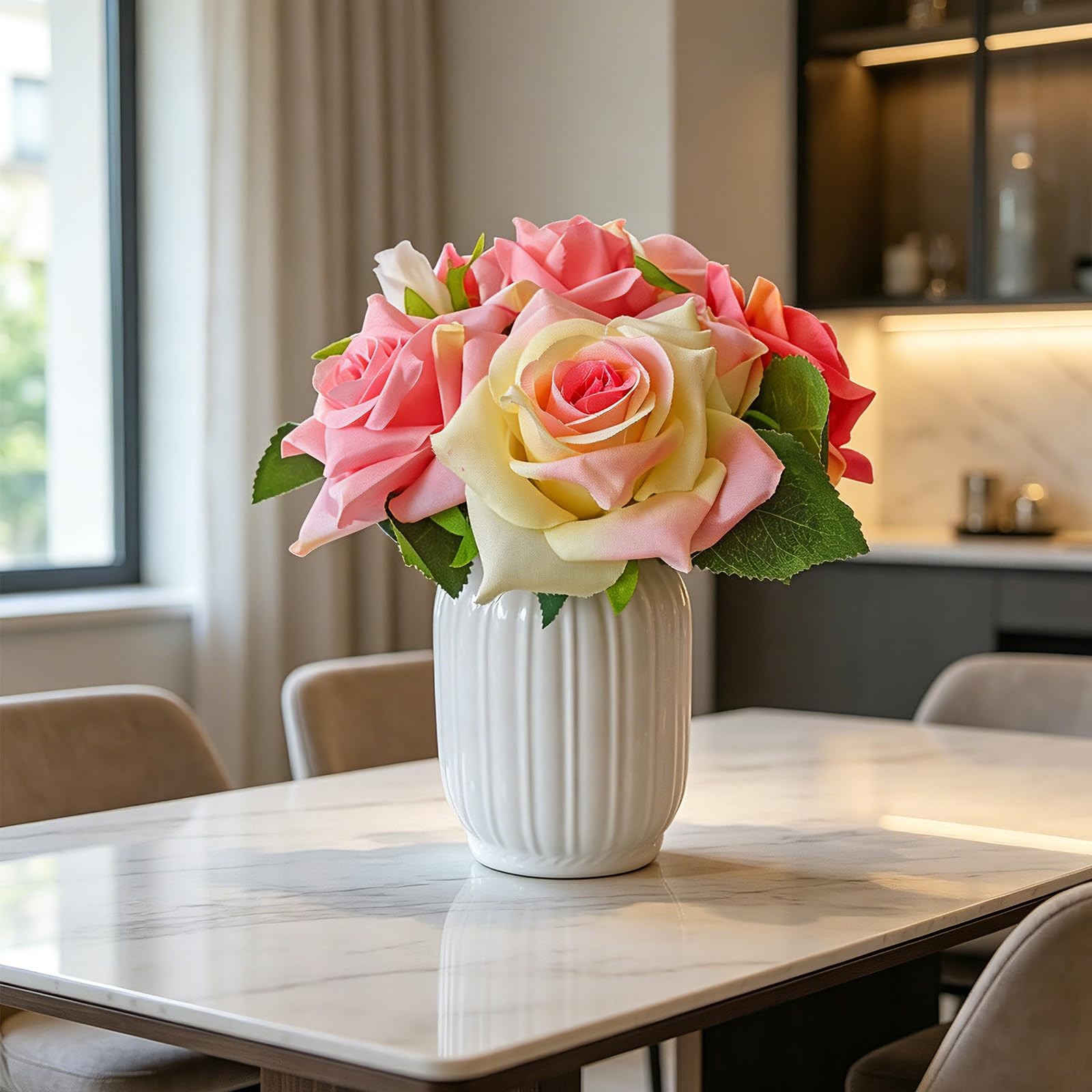 Fake Flowers in A Vase Pink Silk Roses Bouquet with Ceramic Vase Lifelike Fak…