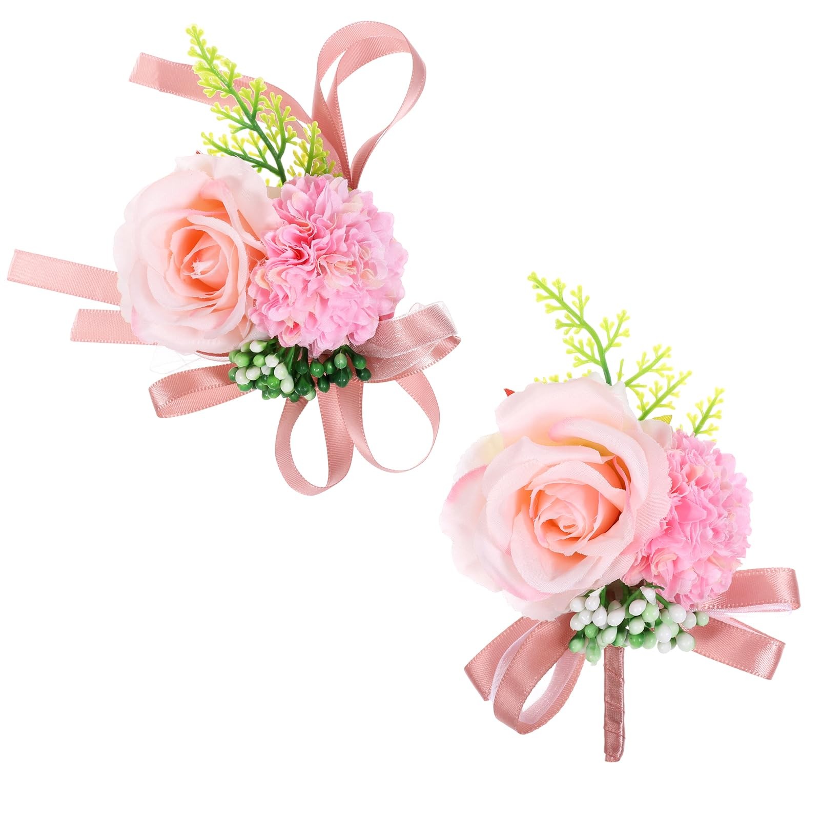 2 PCS Pink Corsage Boutonniere Set Artificial Wristlet Wedding Christmas Decor