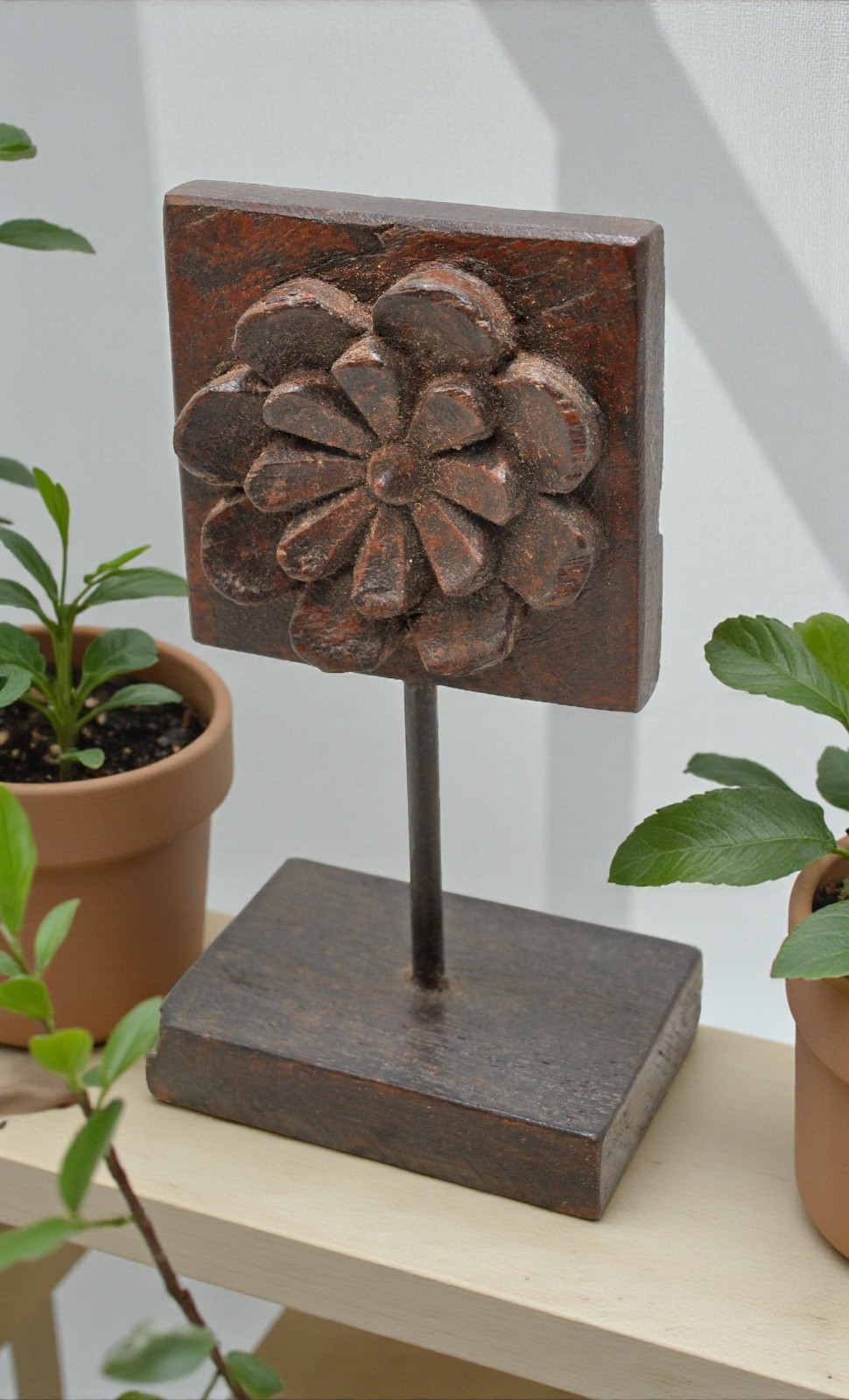 Antique Wooden Floral Carving Plaque on Stand Original Old Hand Carved