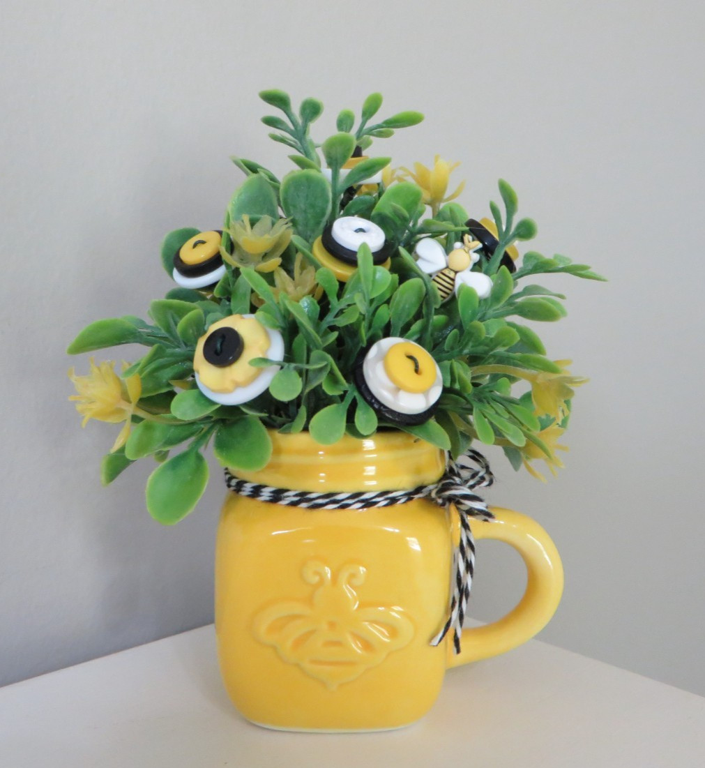 Button Flower Bouquet in MINI Bee Themed Espresso Mug – Summer Home Decor #648