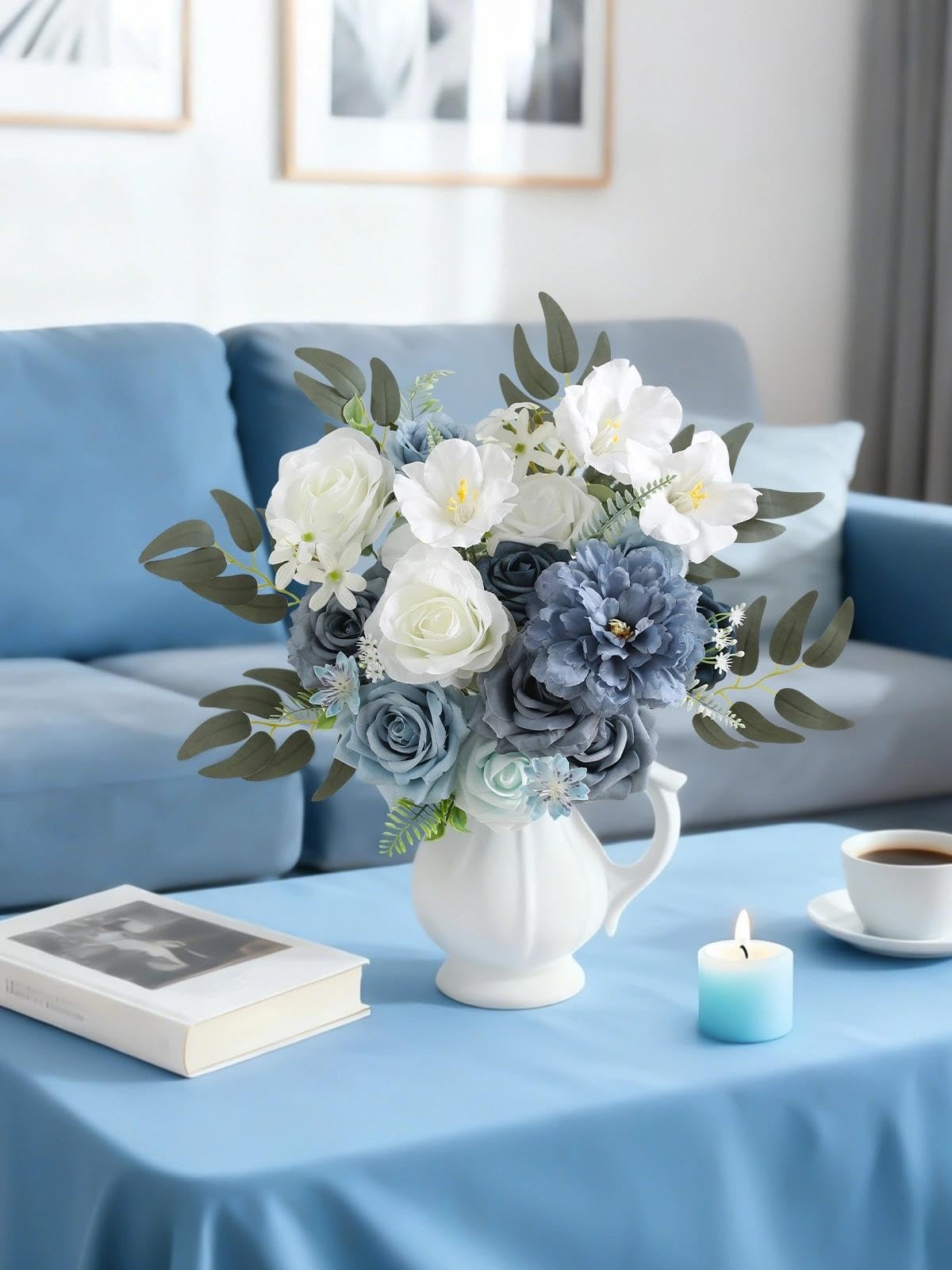 Artificial Flowers Combo Set,Dusty Blue Fake Roses Silk Flowers with Stems fo…