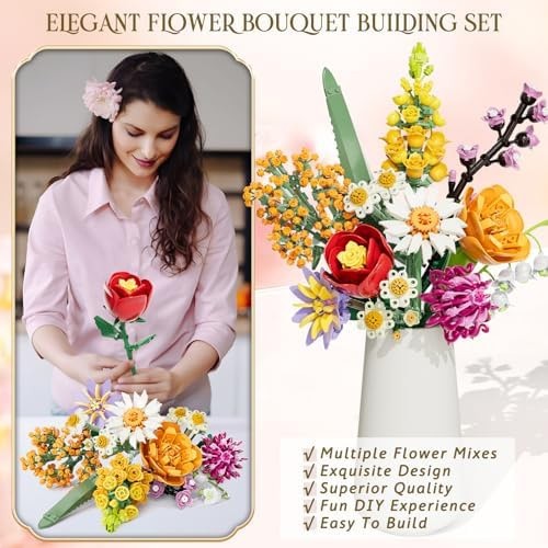 Flowers Bouquet Building Set, 1070PCS Artificial Plant Flower Kit Toy for Adu…