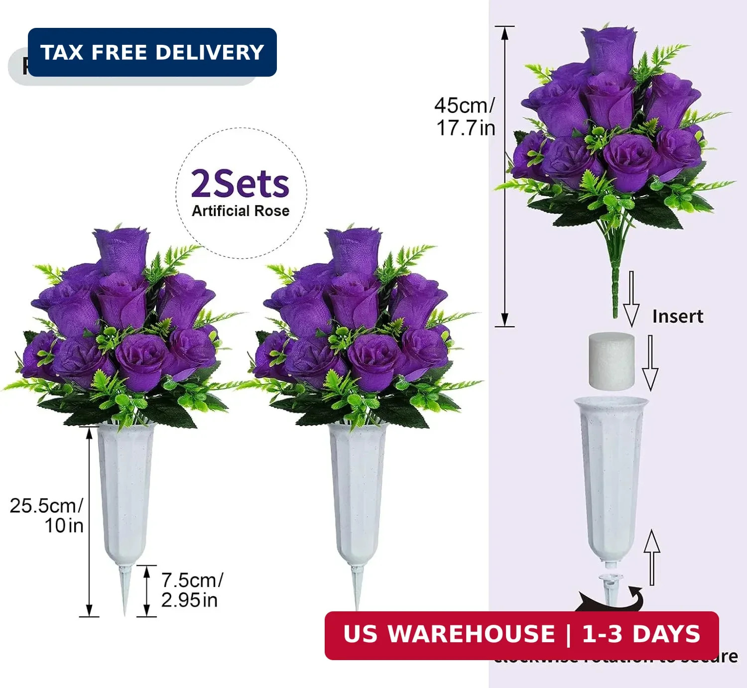 Artificial Cemetery Flowers,2 Sets Artificial Rose Flowers with Vase,Memorial Fl