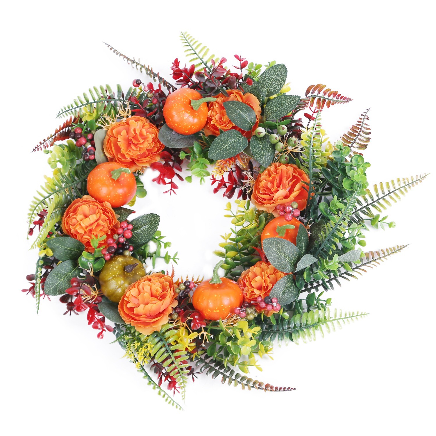 Autumn Wreath w/ Pumpkin and Mixed Leaves in Vibrant Colors for Fall Decoration