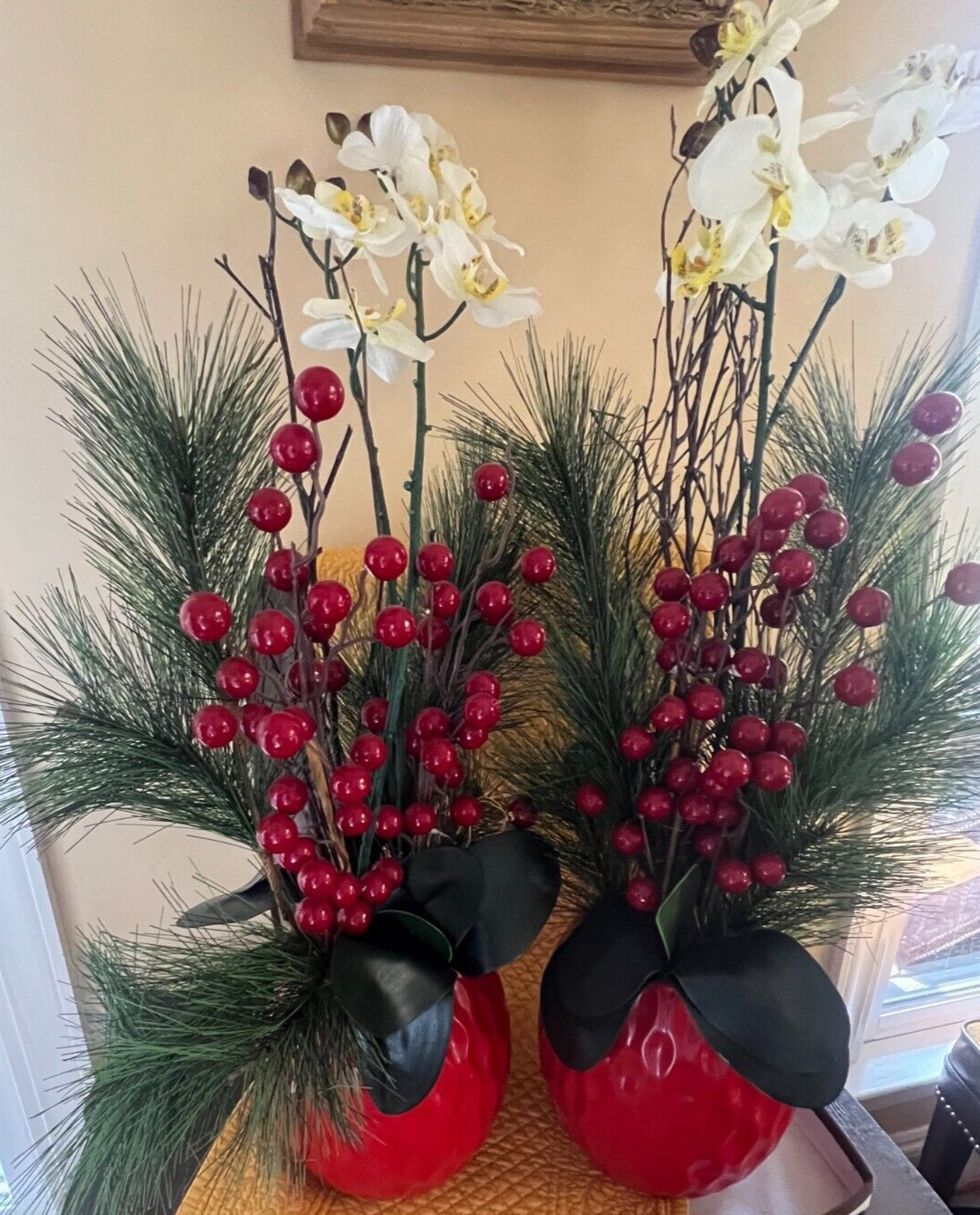 Christmas Orchid Pine Berry Floral Arrangements Mantle Topiary Ceramic Pots x2