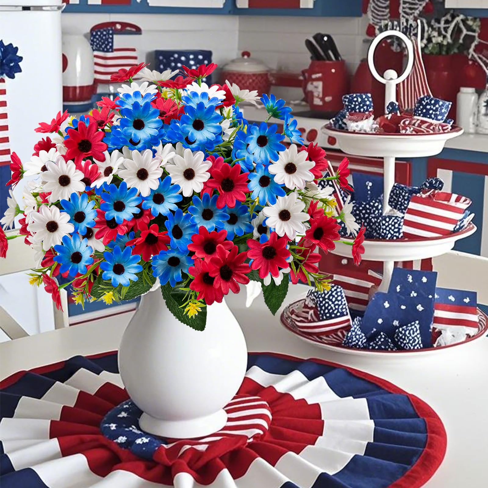 6 Bundles Red White and Blue Flowers, Artificial Daisy Flowers for Outdoor Me…