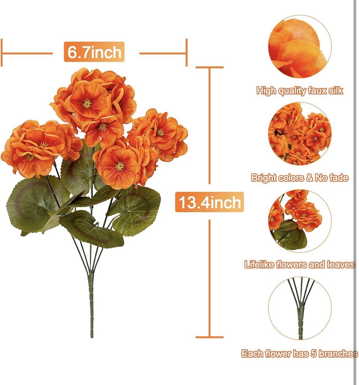 Artificial Fall Flowers Faux Geraniums Orange UV Resistant Outdoor (8 Bundles)