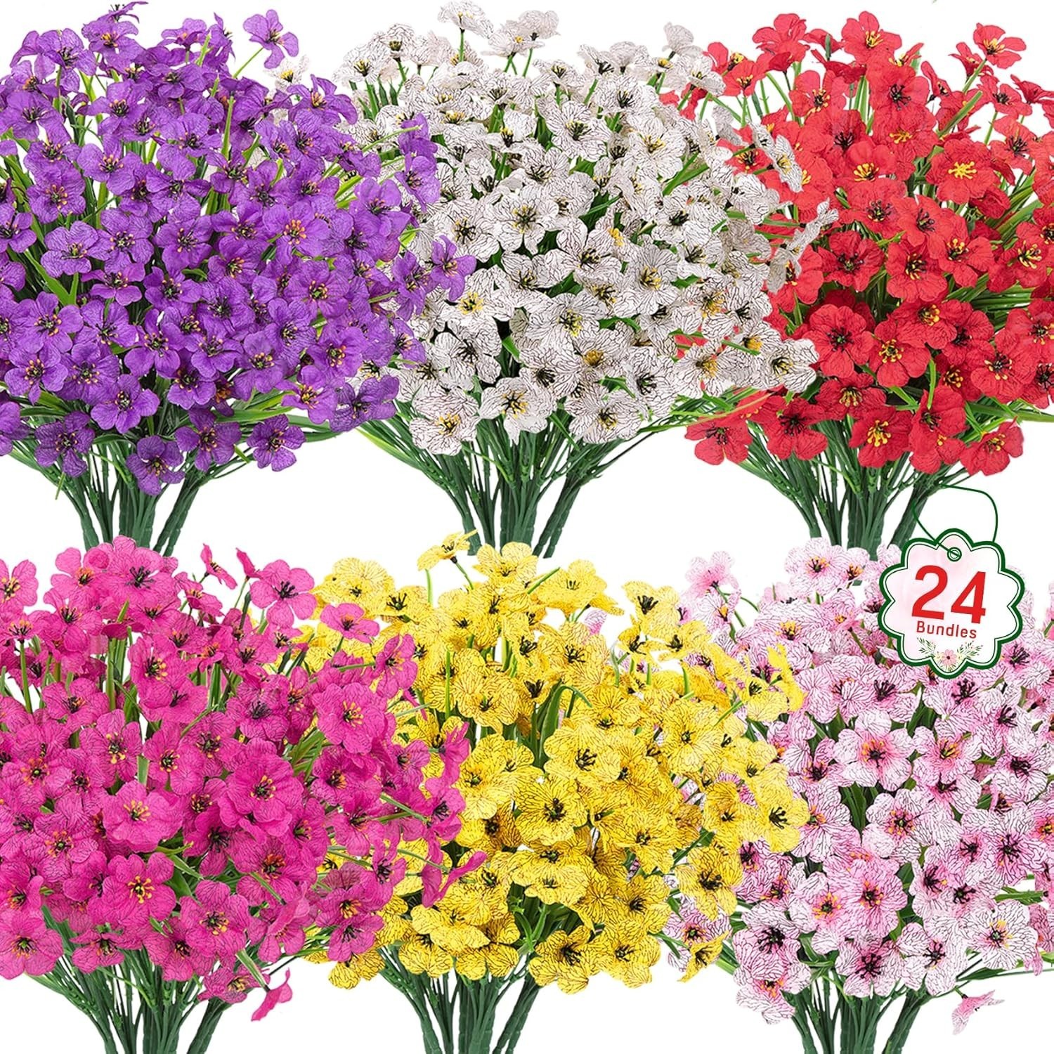24 Bundles Artificial Flowers for Outdoors UV Resistant Silk Fake Flowers Faux
