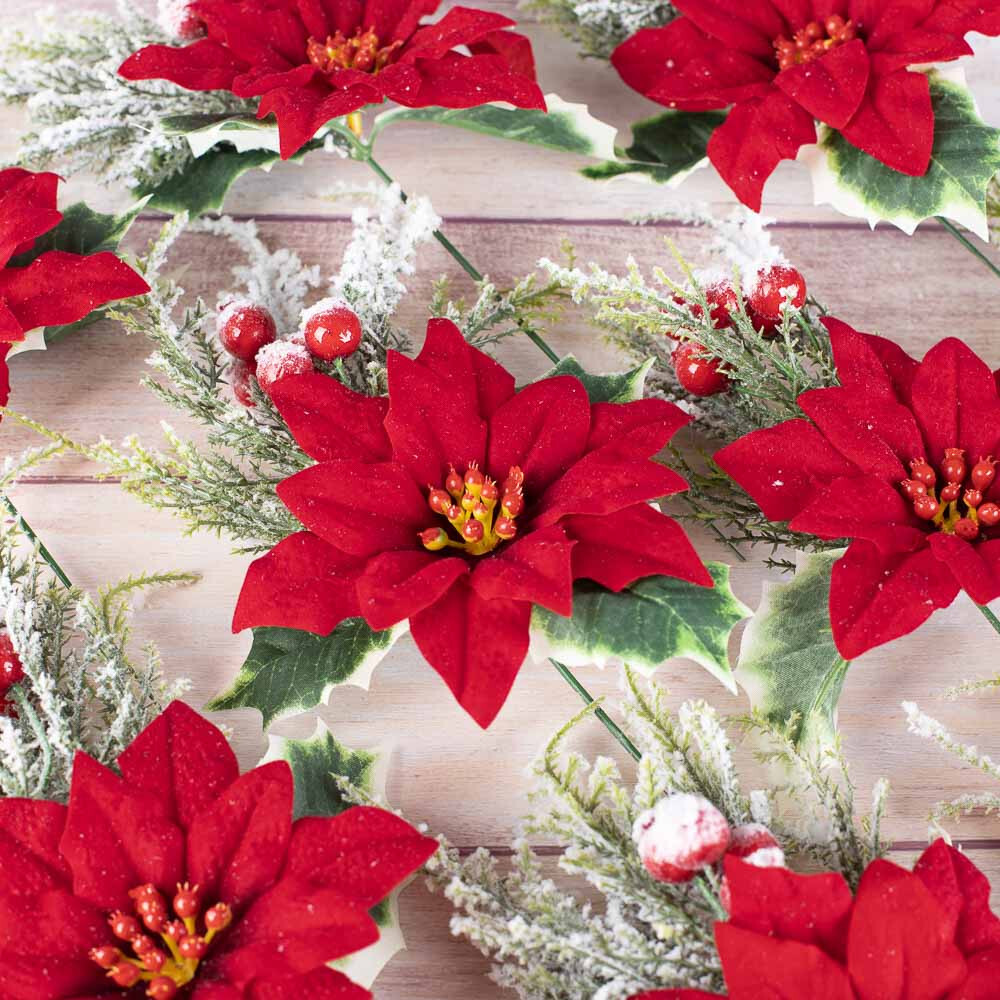 Set of 12 Artificial Snowy Poinsettia and Holly Christmas 10-1/2″ Floral Picks