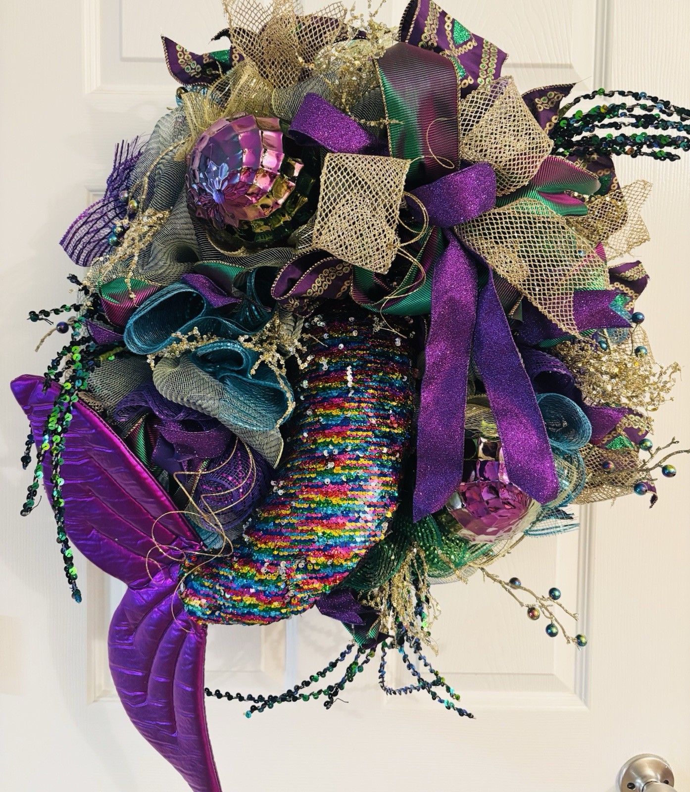 Mardi Gras Wreath Extra Large With Mermaid Tail and Fleur De Lis Handmade Deco