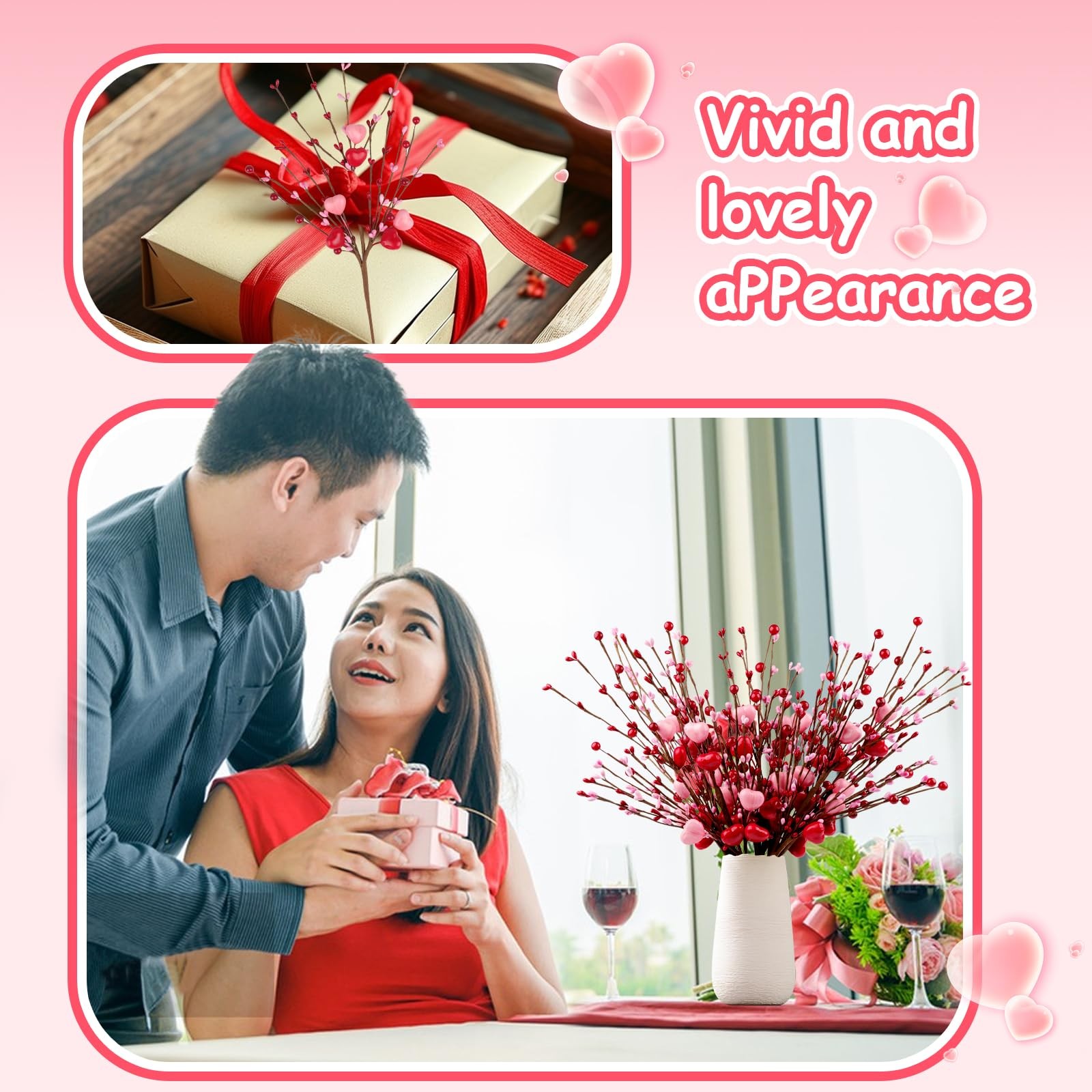 Heart Shaped Berry Picks 8 PCS 17 inch Artificial Valentines Flowers