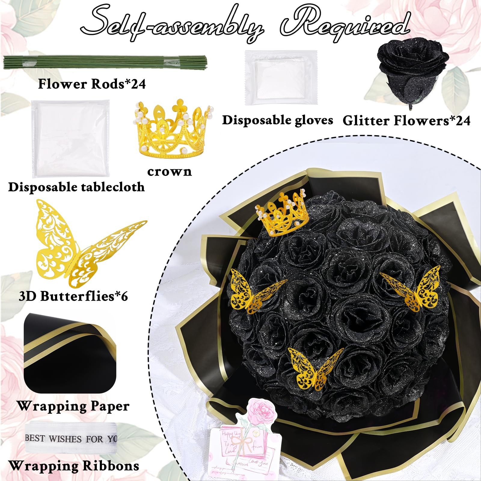 Glitter Black Roses Bouquet – 24 Pcs DIY Fake Flowers for Birthday, Anniversary,