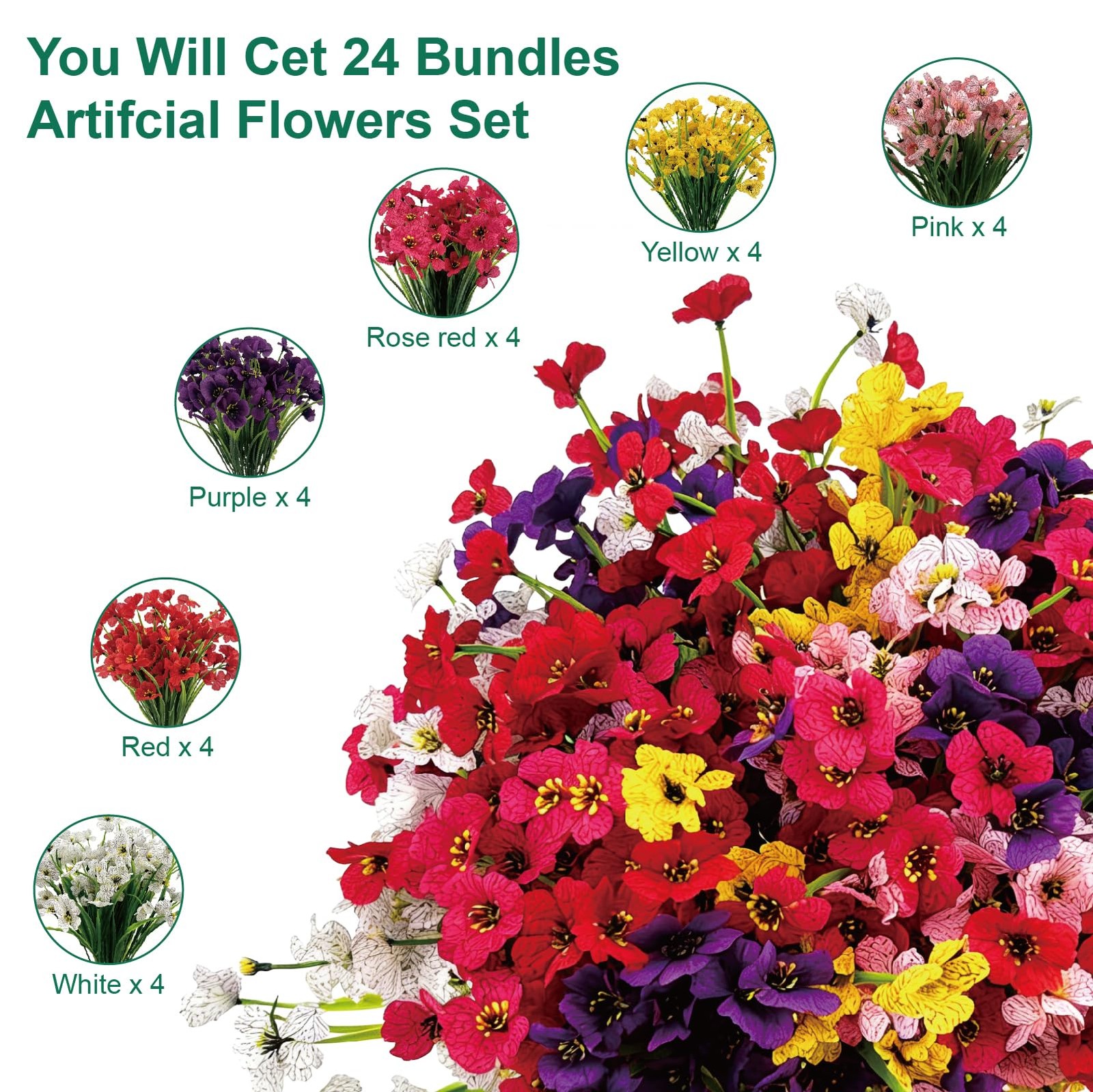 24 Pcs (6 Color) UV Resistant Outdoor Artificial Faux Flowers Plants Realistic P
