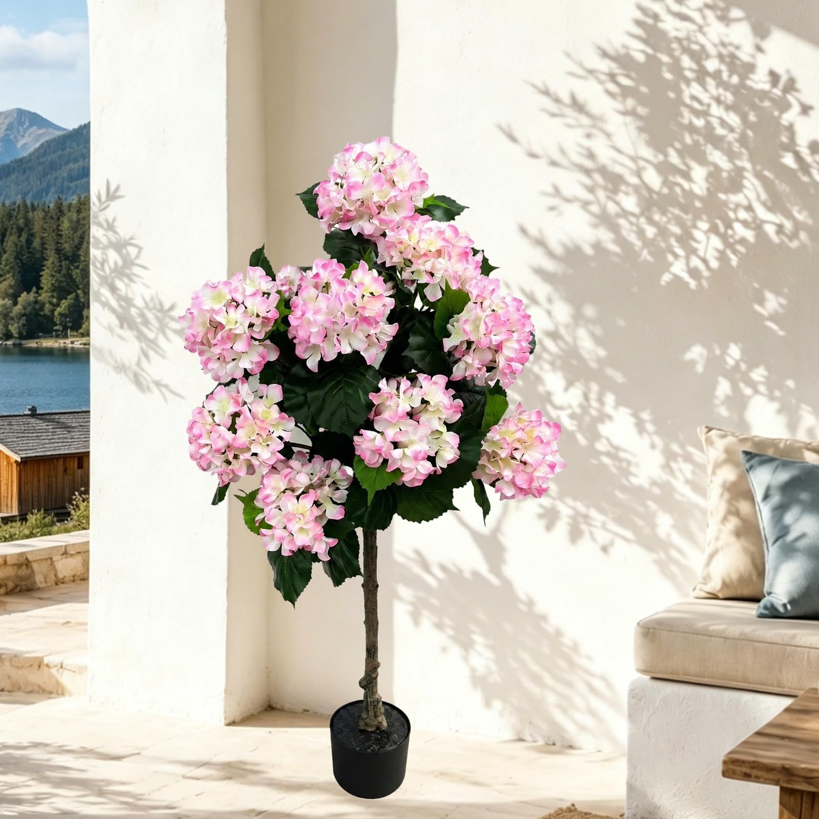 3.7FT Hydrangea Artificial Trees Potted,Faux Hydrangea Plants Silk Flower Tre…