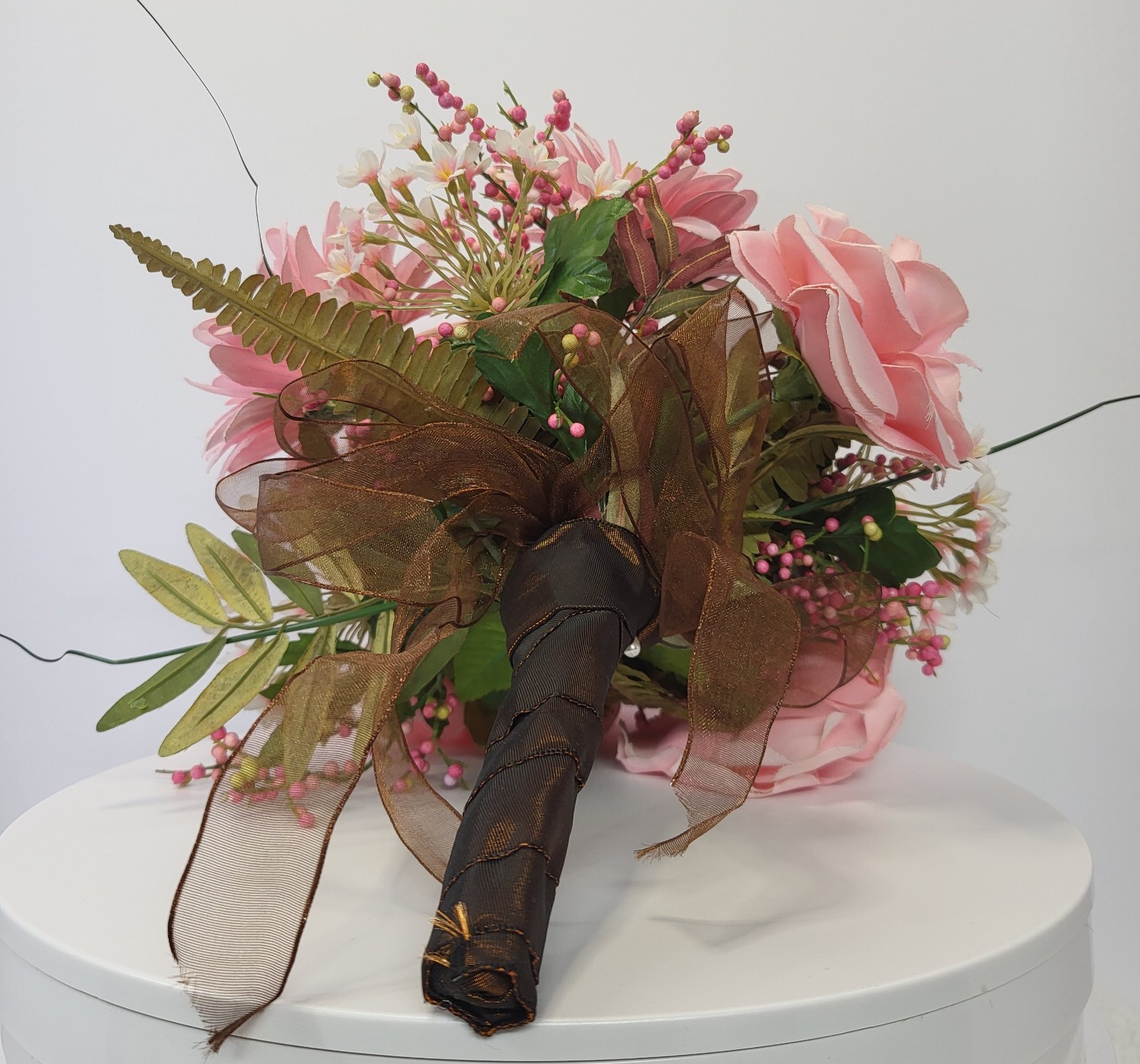 Artificial Pink Bouquet with Gerbera Daisies Roses Filler Berries Wrapped Stem
