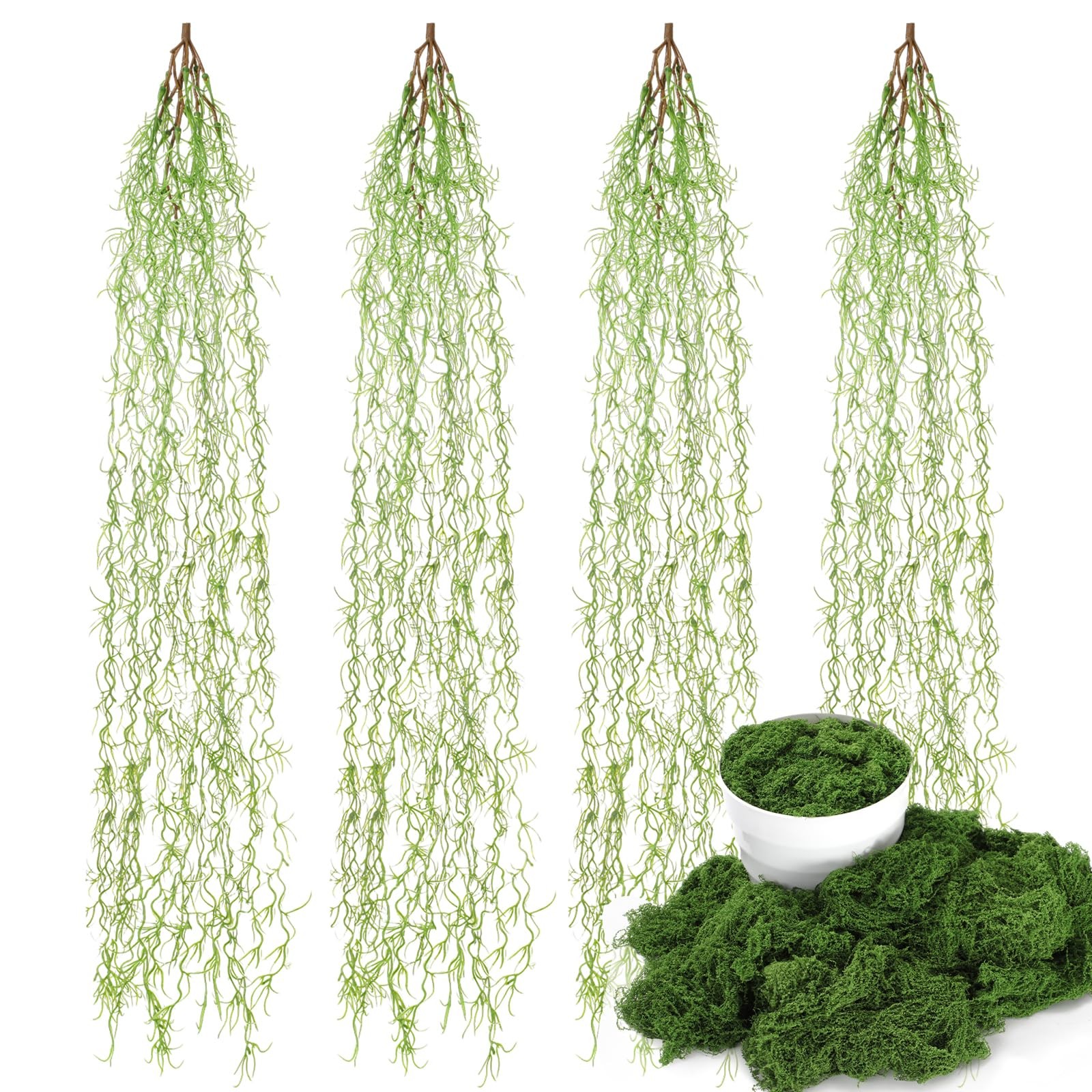 4 Pcs 33 Inch Fake Spanish Moss with 7 oz Artificial Green Moss for Potted Pl…
