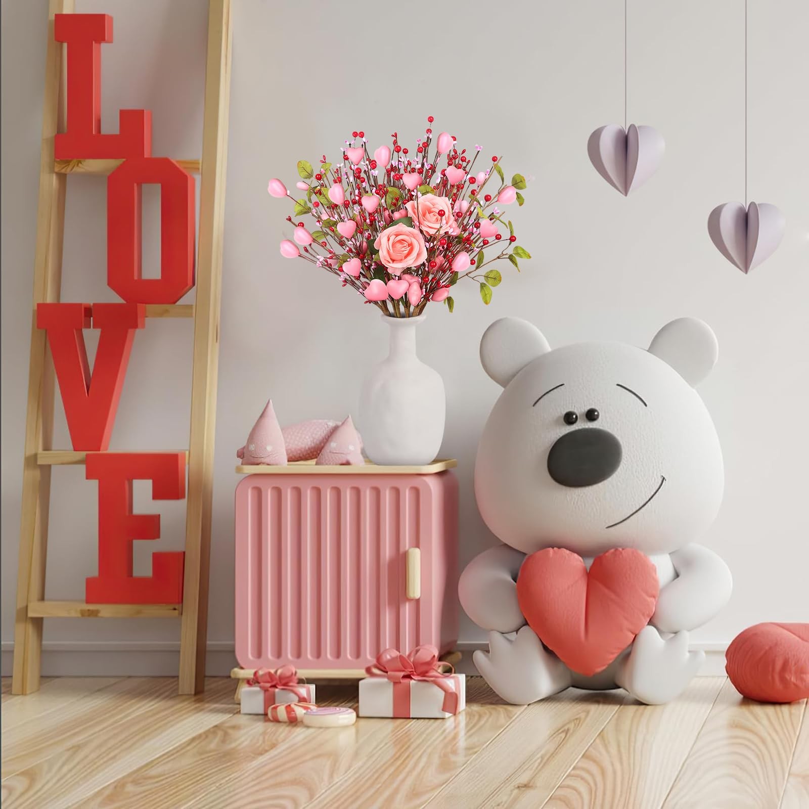 8 PCS Pink Heart Shaped Valentine Floral Picks Red Berries Roses Bouquets